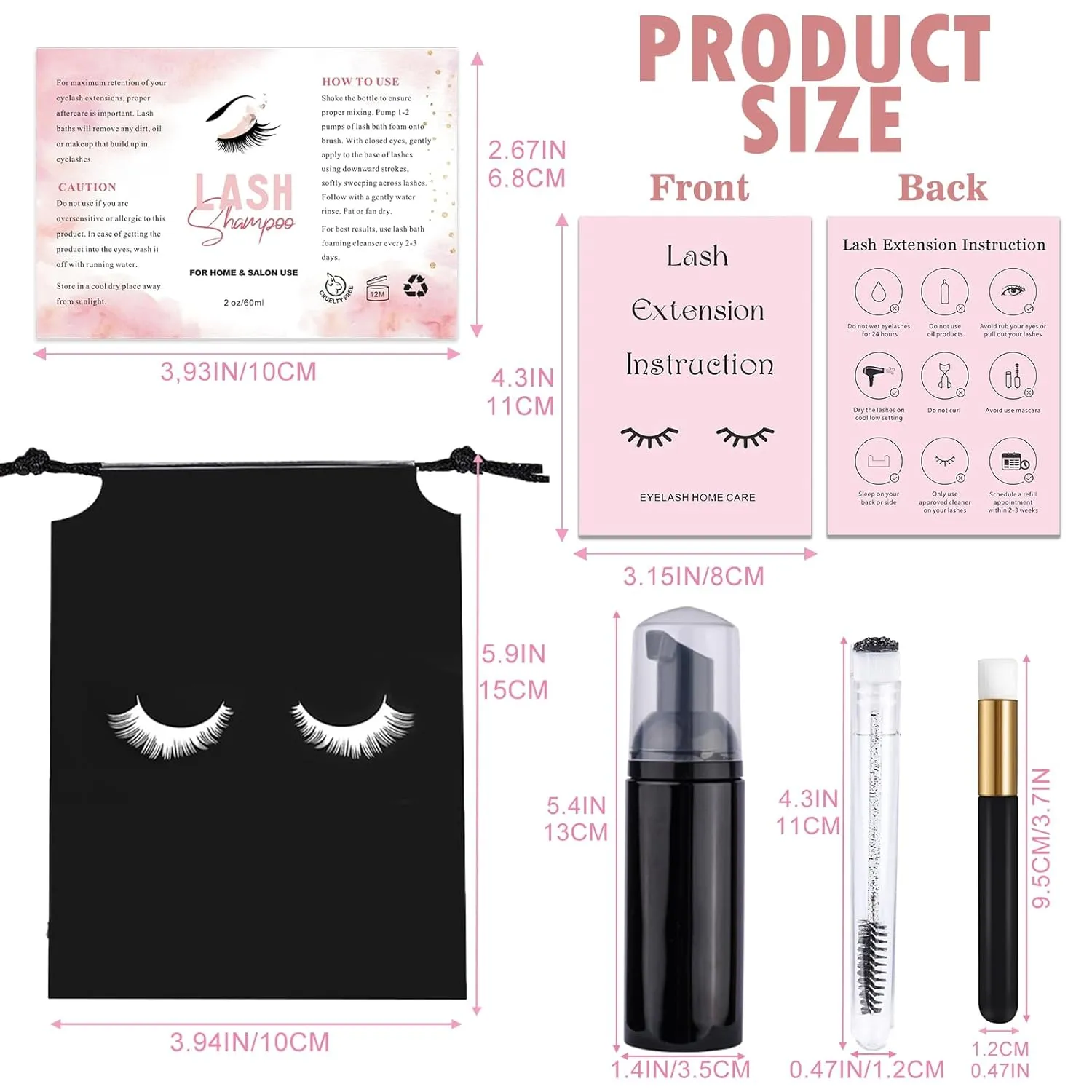 60PCS Lash Shampoo Bottles and Brushes Set, 10pcs Foam Pump Dispenser, 10pcs Nose Pore Deep Cleaning Brush, 10pcs Eyelash Extension Tube Brush, 10pcs Extension Aftercare Instructions Cards, 10pcs Lash