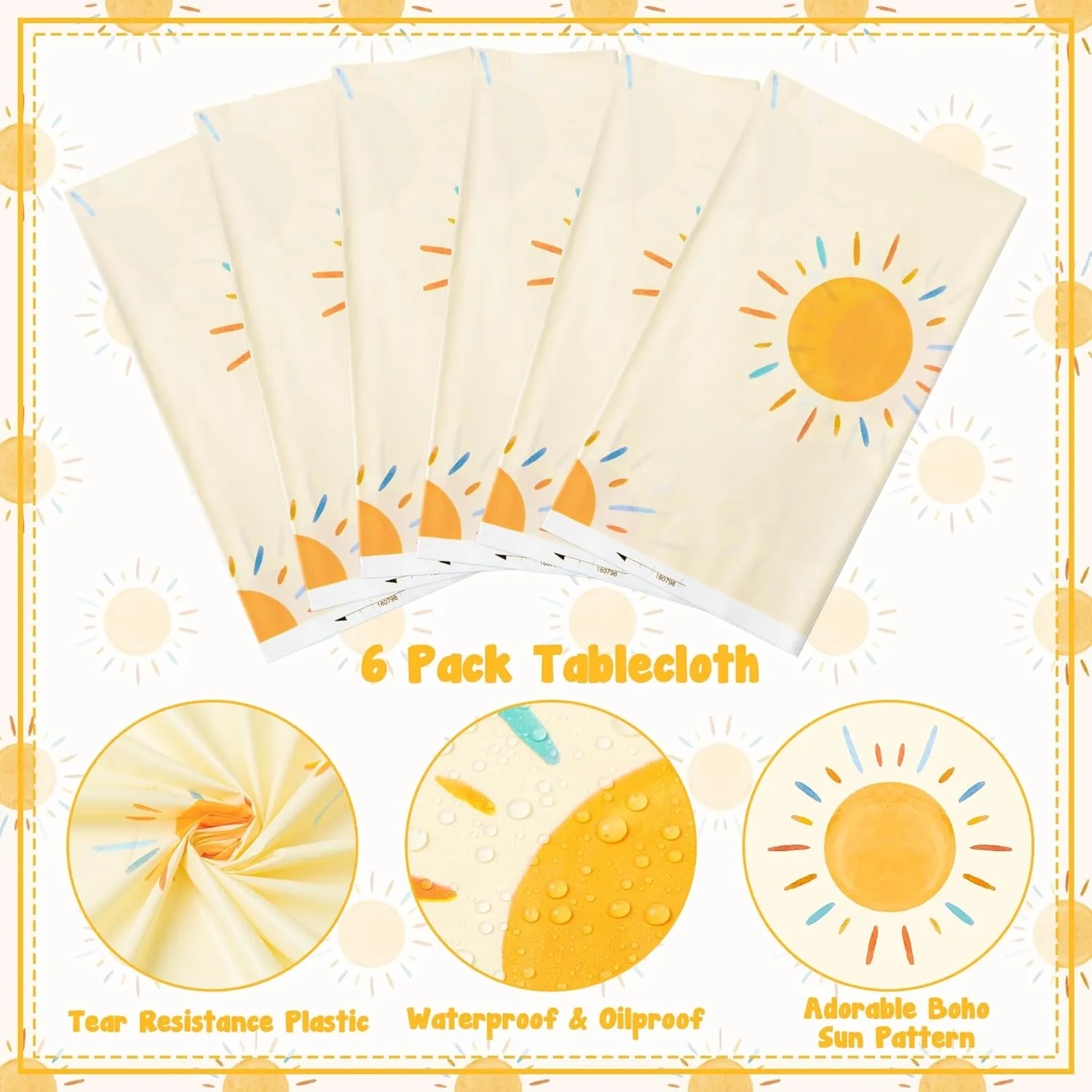 6Pcs Retro Boho Sun Birthday Party Tablecloths Here Comes The Son Disposable Plastic Waterproof Rectangular Table Covers First Trip Around The Sun Party Decorations Baby Shower Supplies