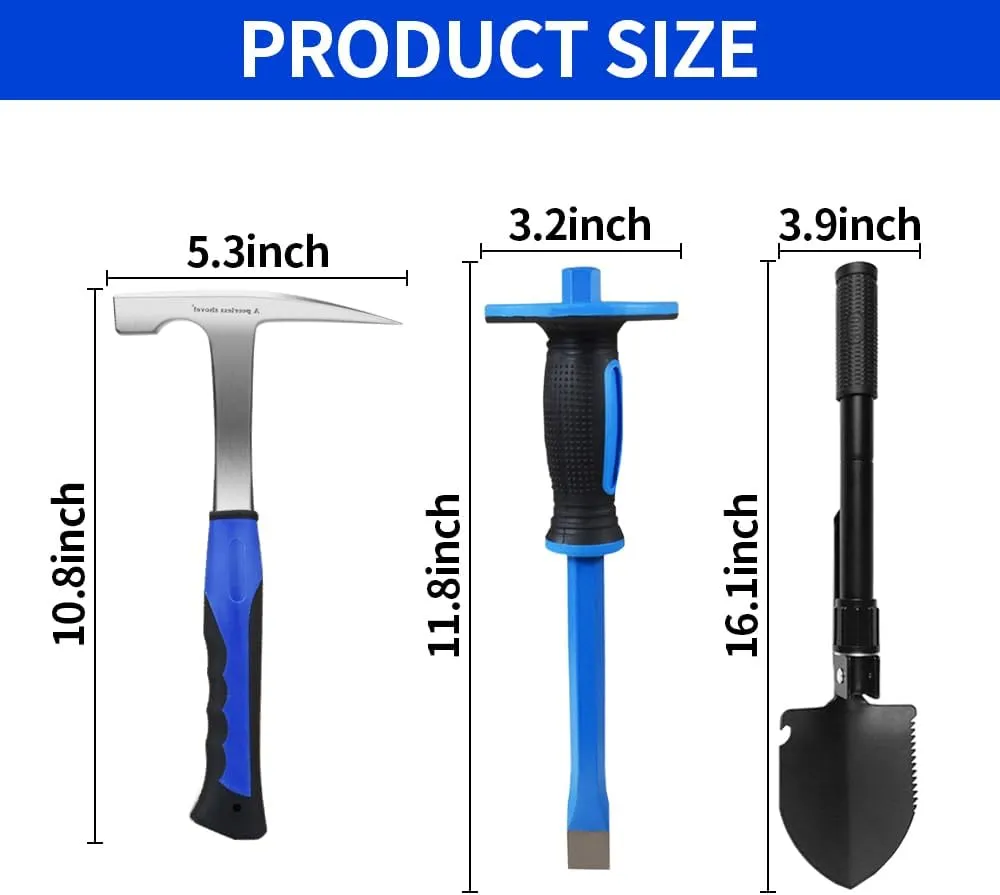 “A peerless shovel ”8 PCS Geology Rock Pick Equipment Kit,32 oz. Rock Pick Hammer, 1pcs Mason Chisel,Multifunctional Military Shovel， Safety Glasses (blue2)