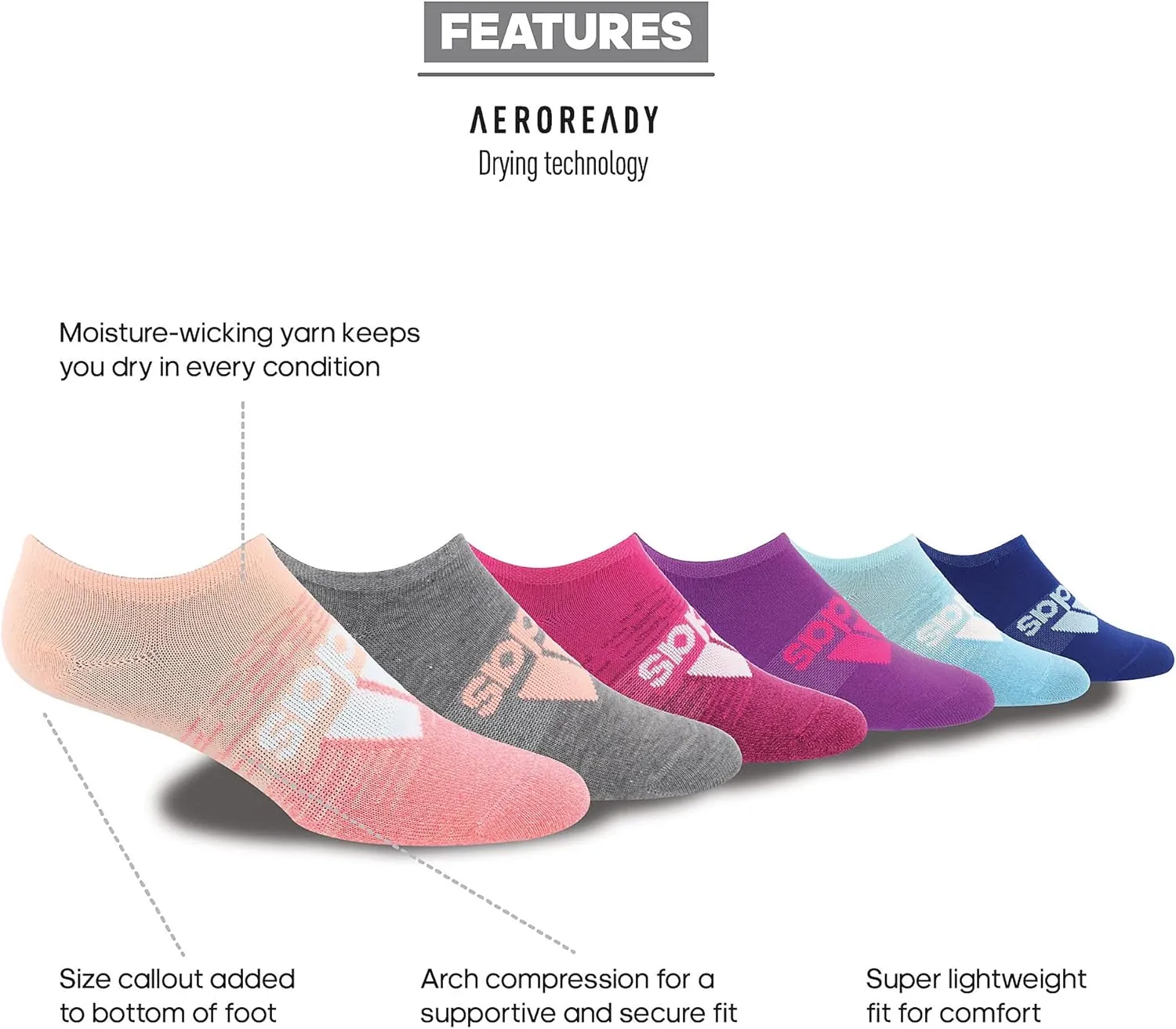 adidas Girls' Superlite Badge of Sport Ii No Show Socks 6-Pack (Toddler/Little Big Kid/Adult)