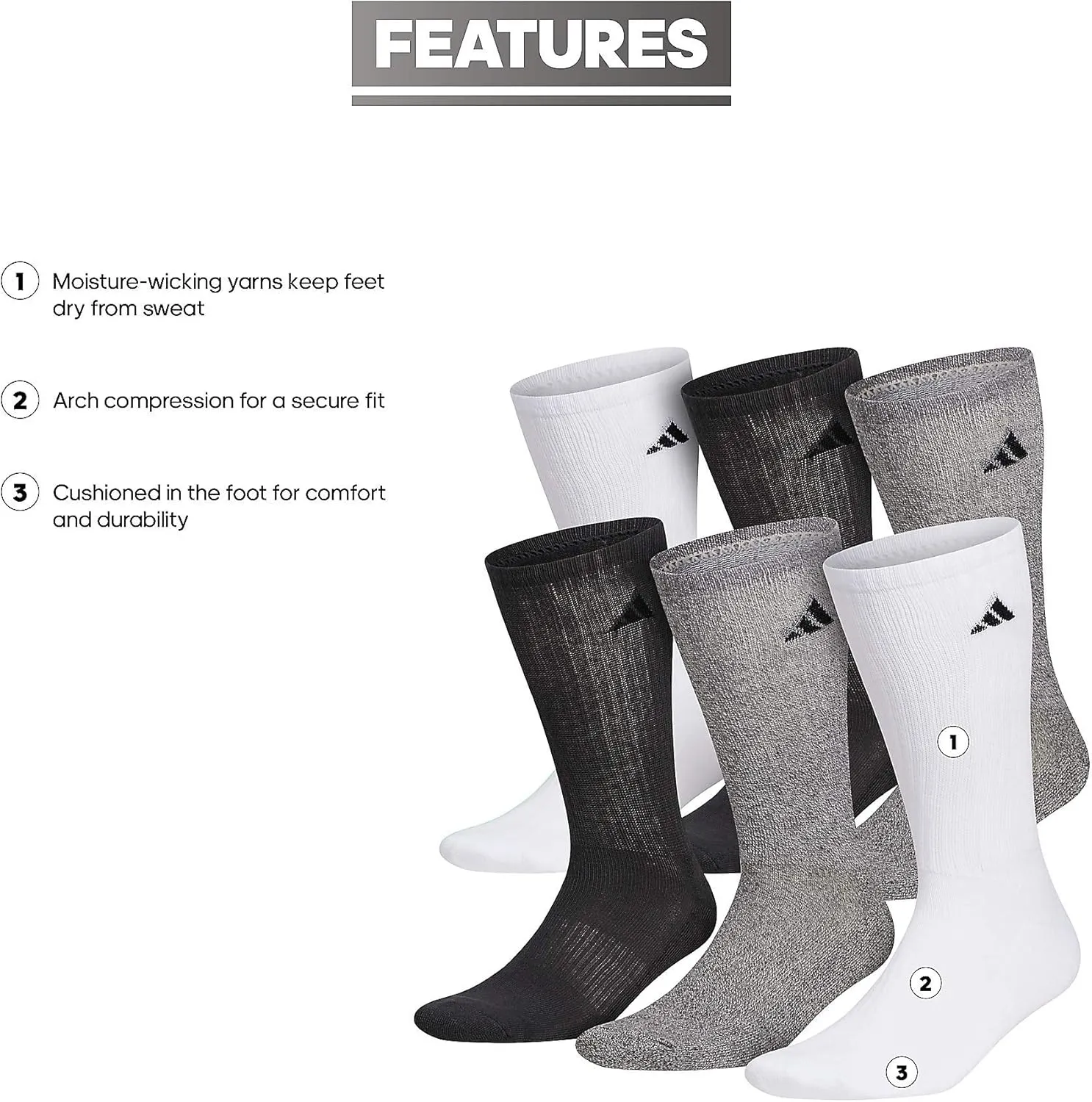adidas Men's Athletic Cushioned 6-Pack Crew, Cushioned Crew Socks with Arch Compression for a Secure Fit