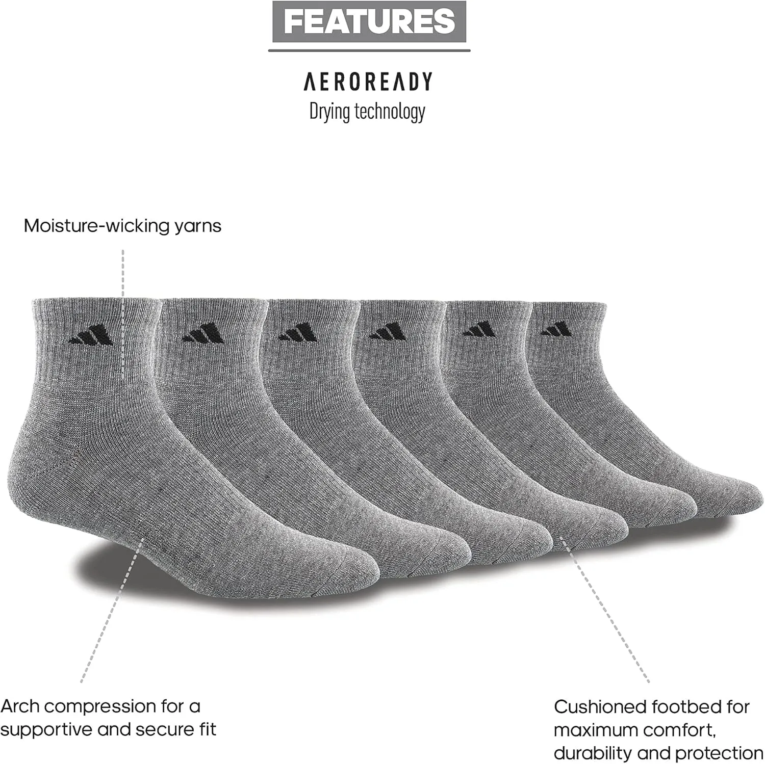 adidas Men's Socks, Athletic Cushioned Quarter 6-Pack, Ankle Fit with Arch Support