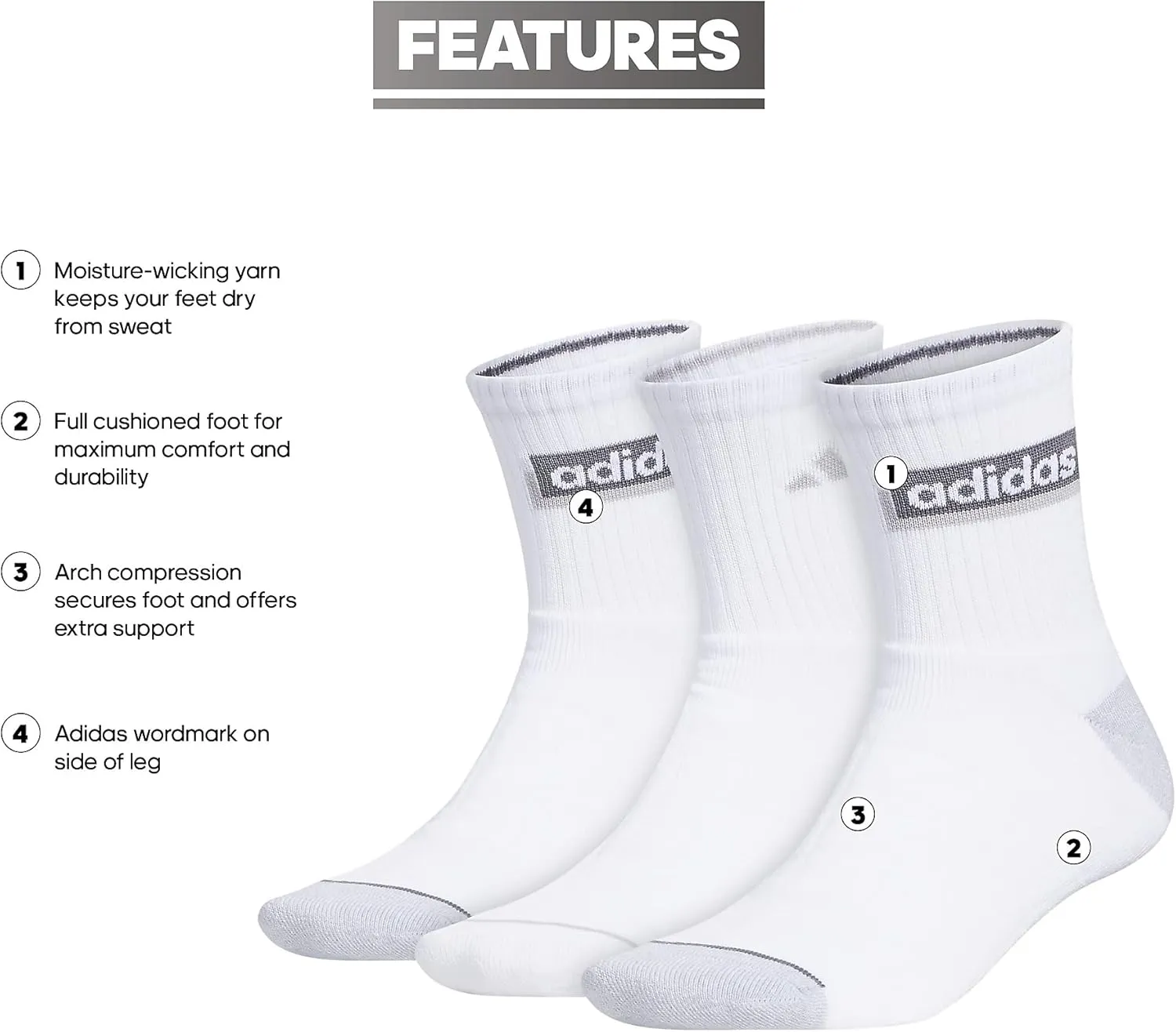 adidas Men's Sport Linear High Quarter Socks (3-Pair)