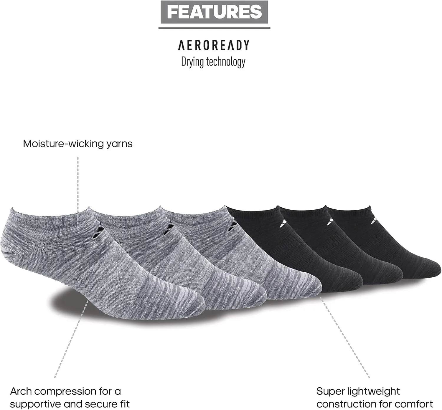 adidas Men's Superlite No Show Socks, Arch Compression Socks For Men, Athletic, Durabable, Lightweight and Breathable, 6-Pack