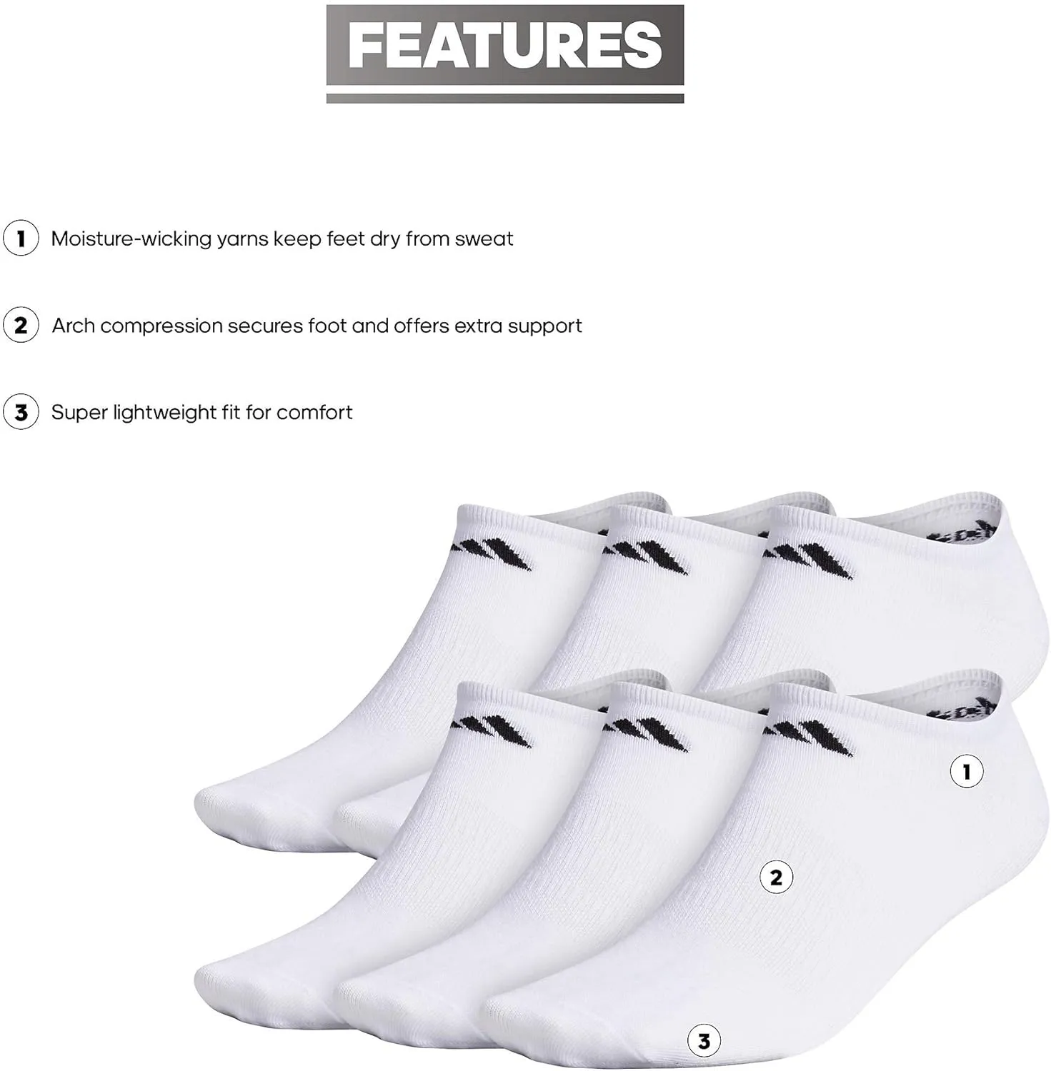 adidas Men's Superlite No Show Socks, Arch Compression Socks For Men, Athletic, Durabable, Lightweight and Breathable, 6-Pack
