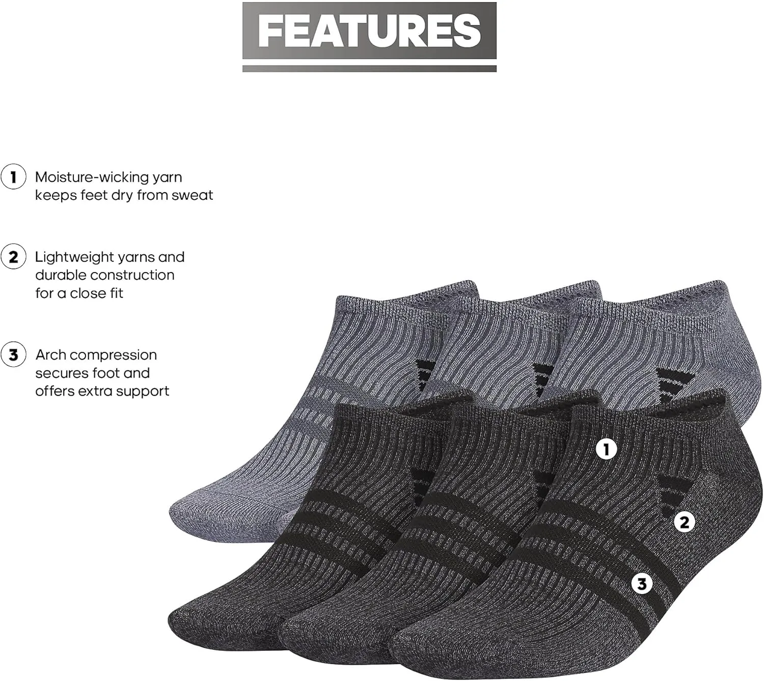 adidas Men's Superlite No Show Socks, Arch Compression Socks For Men, Athletic, Durabable, Lightweight and Breathable, 6-Pack