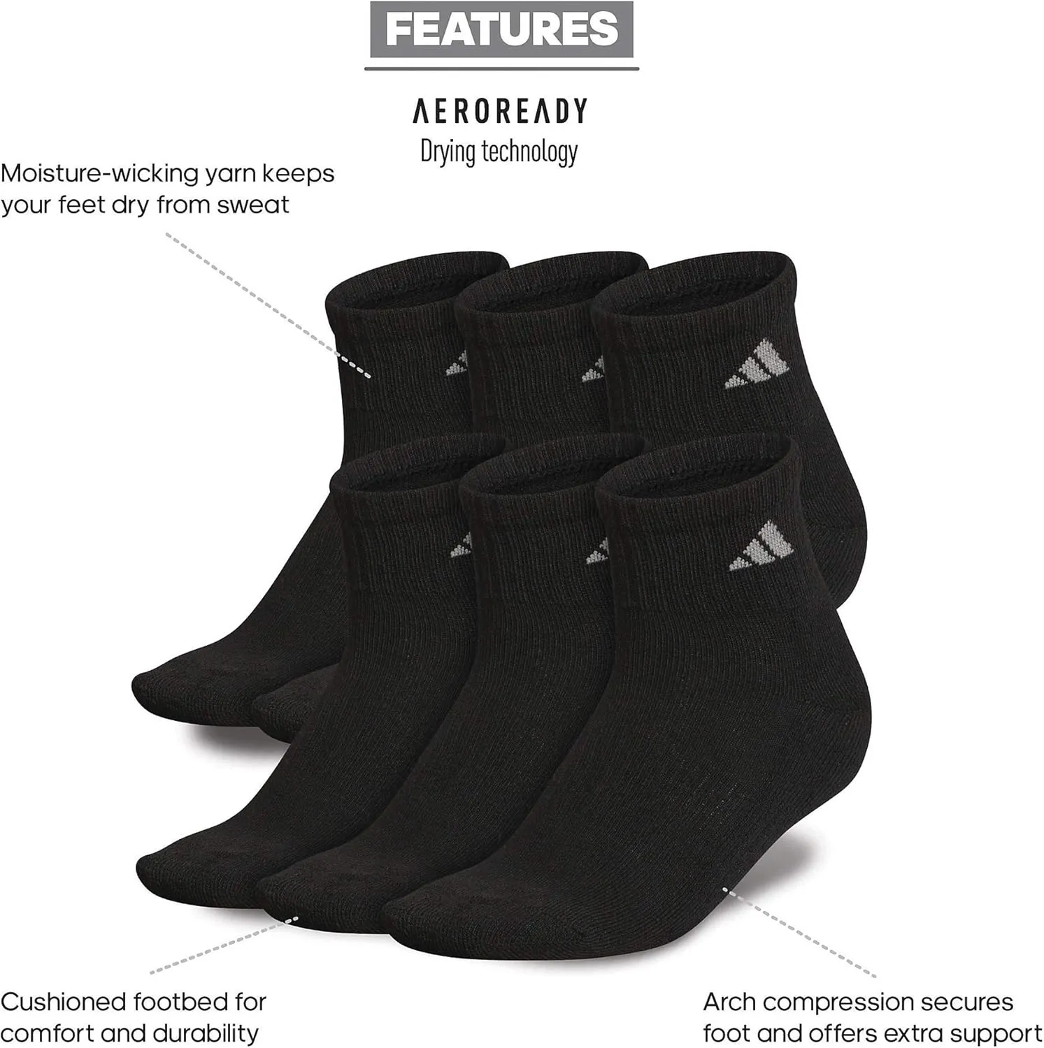 adidas Women's Ankle Socks, Athletic Cushioned Quarter Fit, 6-Pack, Durable, Comfortable, Cooling, with Compression