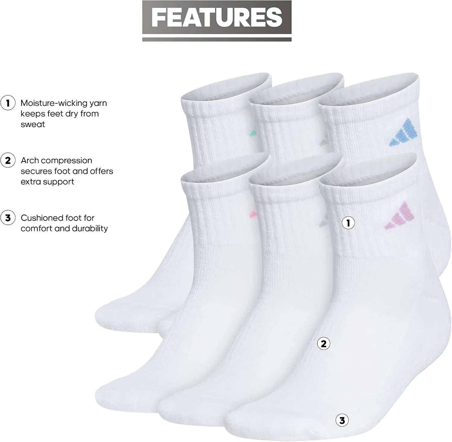 adidas Women's Ankle Socks, Athletic Cushioned Quarter Fit, 6-Pack, Durable, Comfortable, Cooling, with Compression