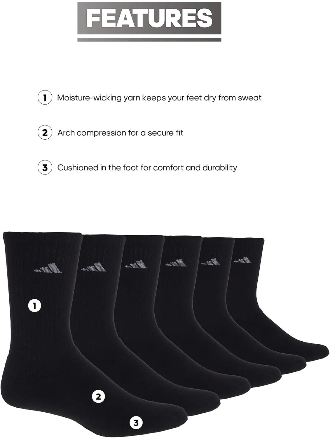 adidas Women's Athletic Cushioned 6-Pack Crew, Arch Support Socks for Women