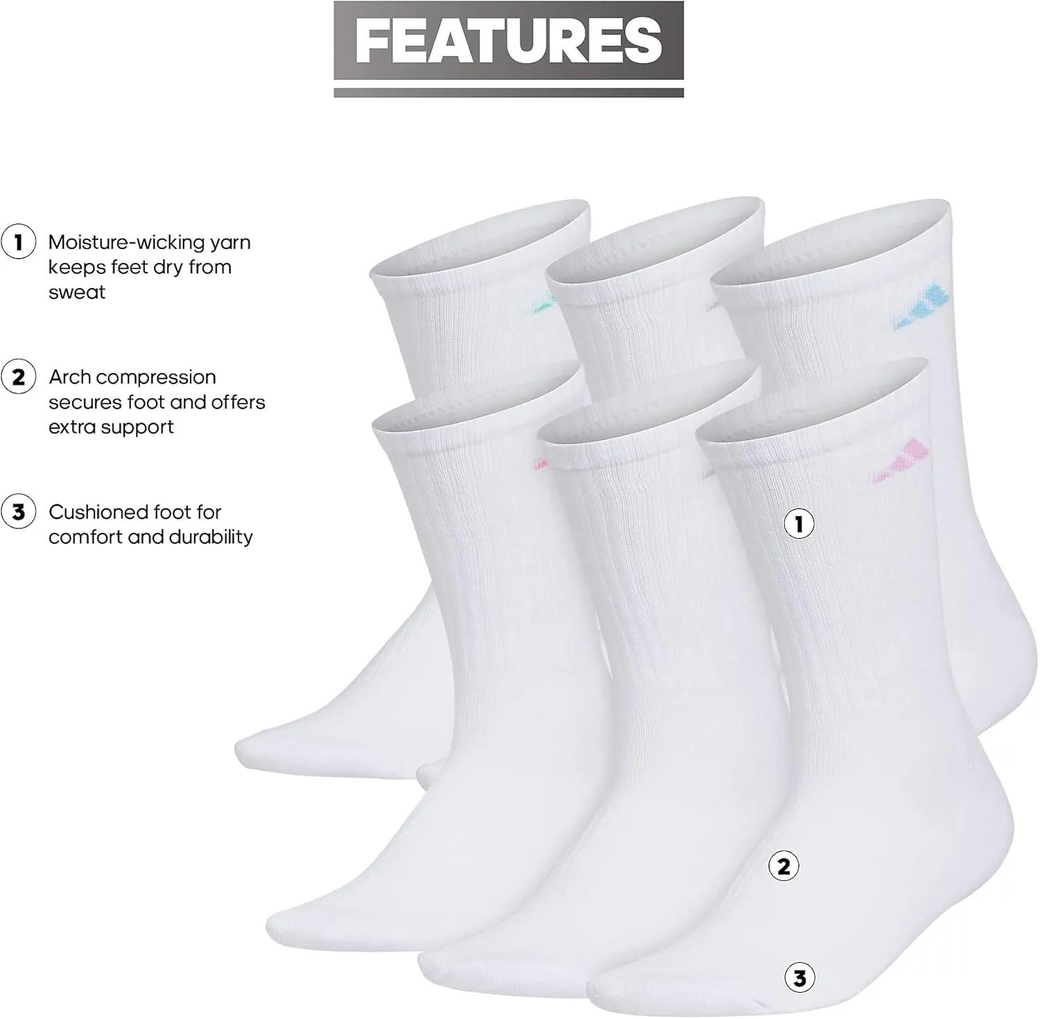 adidas Women's Athletic Cushioned 6-Pack Crew, Arch Support Socks for Women