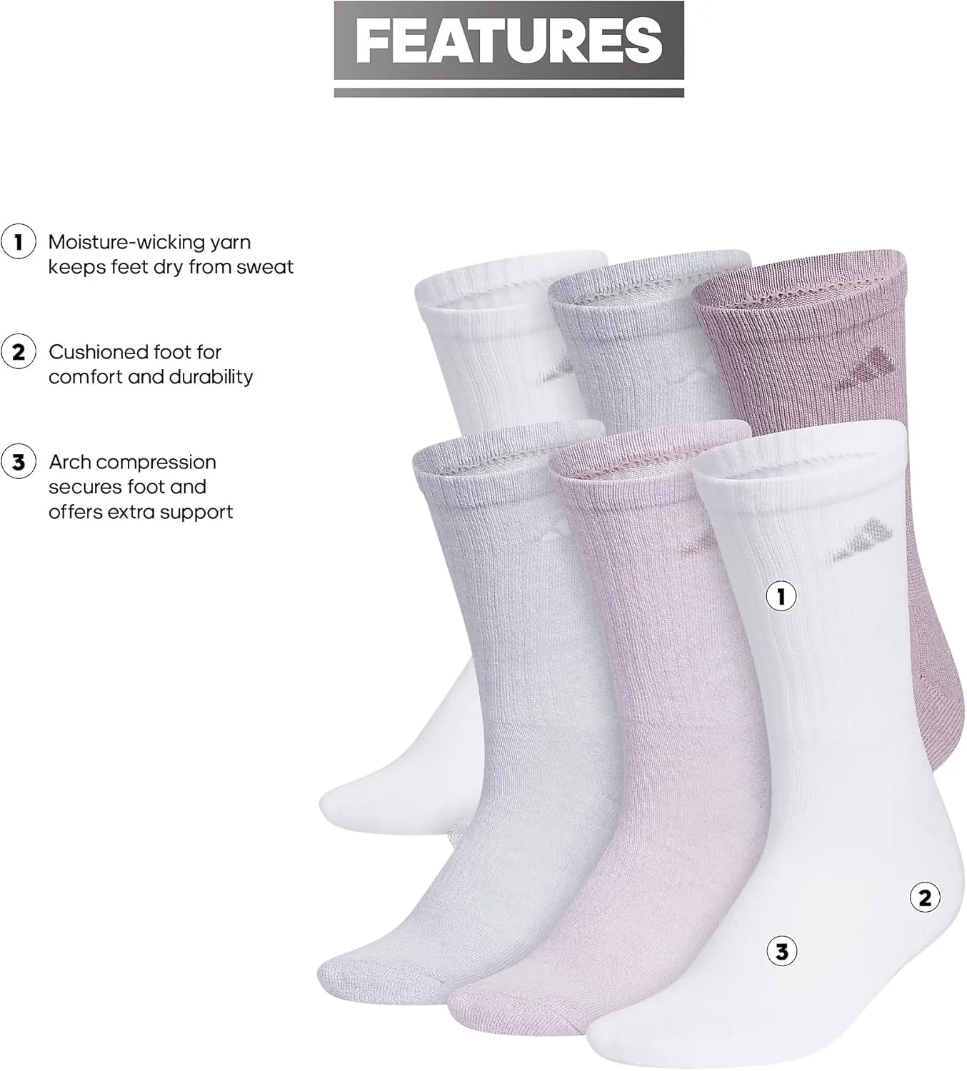 adidas Women's Athletic Cushioned Crew Socks with Arch Support, 6-Pack, Durable, Moisture-Wicking