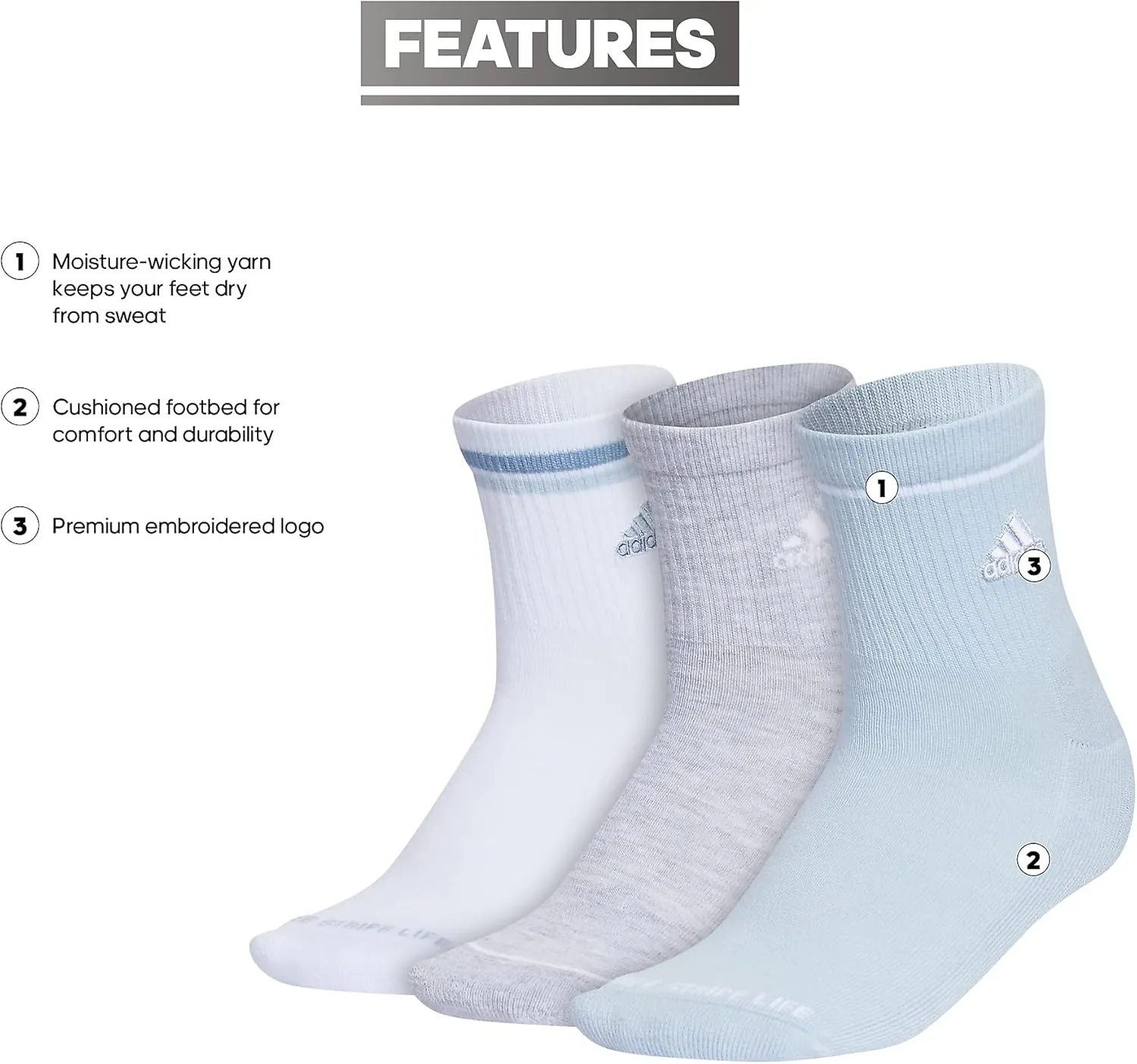 adidas Women's Cushioned Sport High Quarter Socks (3-Pair) Above The Ankle Height with Arch Compression for a Secure Fit