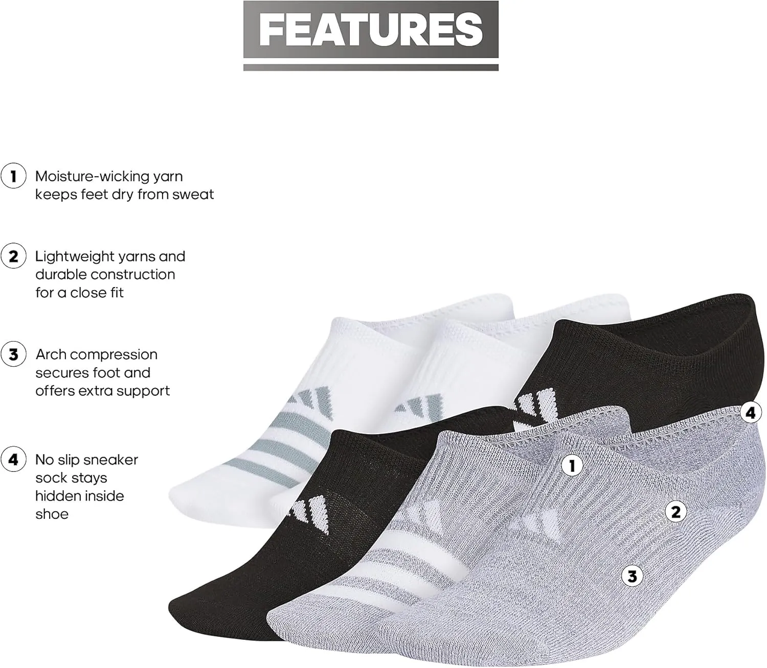 adidas Women's Superlite 3.0 6-Pack Super No Show, Athletic Socks, Invisible Ultra Low-Profile, Cushion & Arch Compression