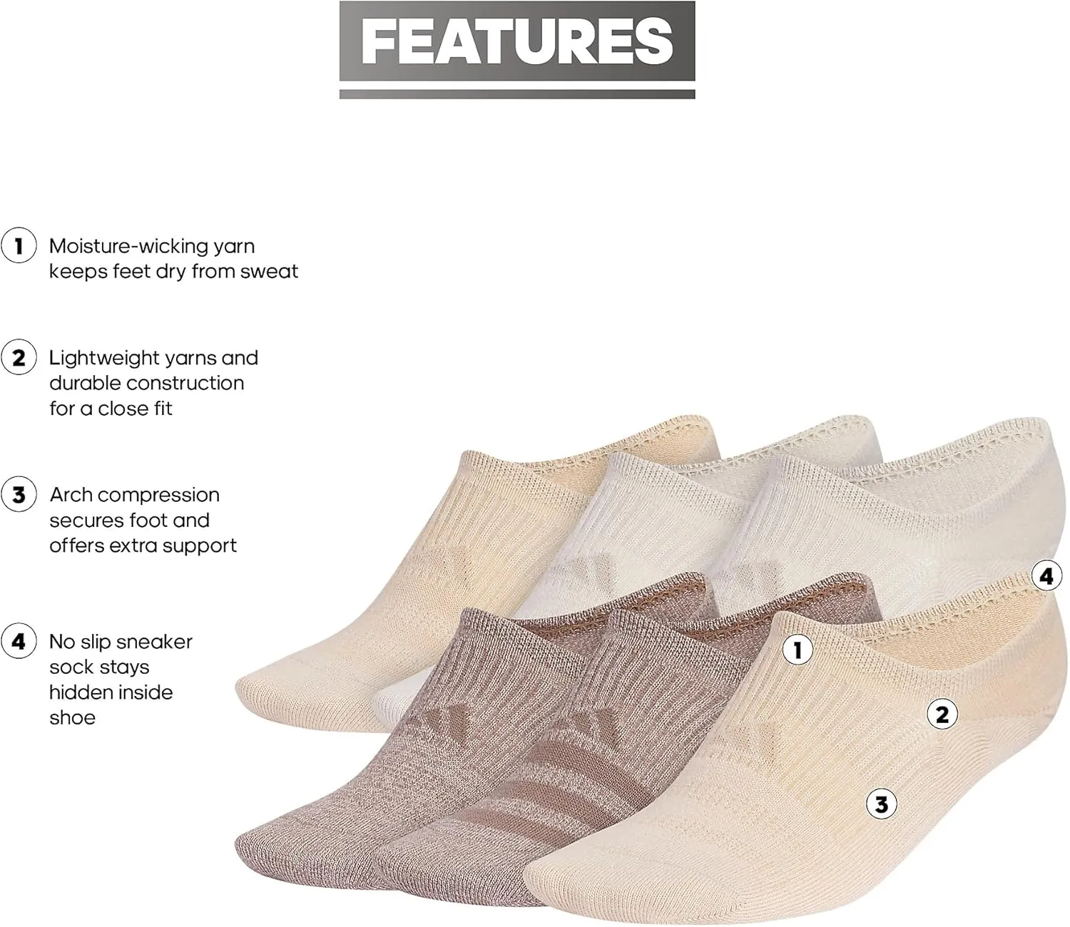 adidas Women's Superlite 3.0 6-Pack Super No Show, Athletic Socks, Invisible Ultra Low-Profile, Cushion & Arch Compression