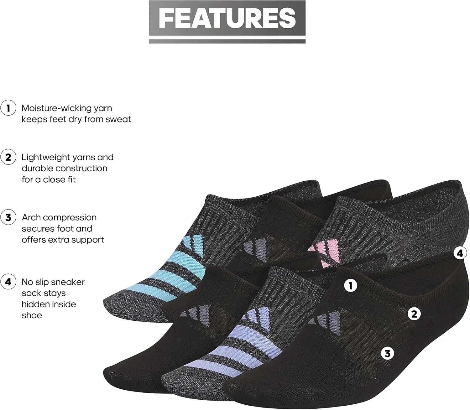 adidas Women's Superlite 3.0 6-Pack Super No Show, Athletic Socks, Invisible Ultra Low-Profile, Cushion & Arch Compression