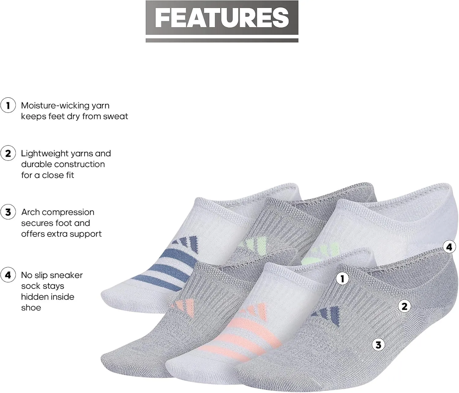 adidas Women's Superlite 3.0 6-Pack Super No Show, Athletic Socks, Invisible Ultra Low-Profile, Cushion & Arch Compression