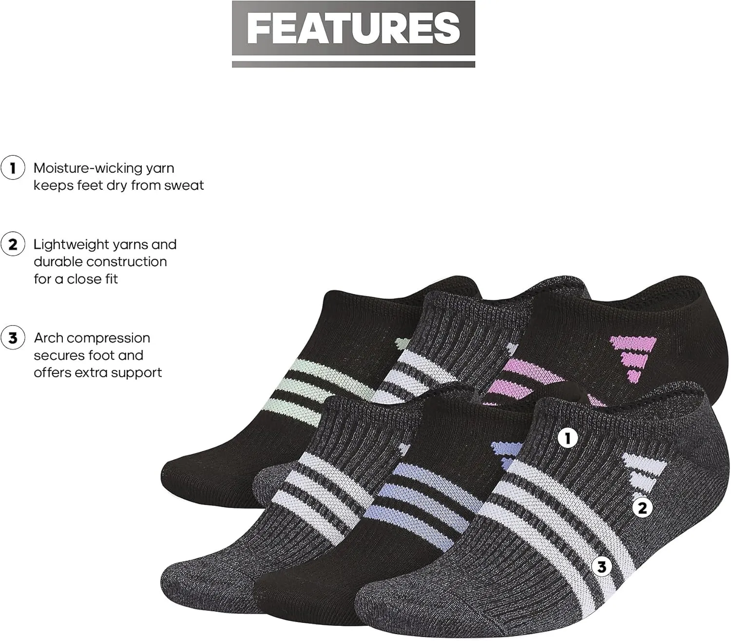 adidas Women's Superlite 3.0 No Show Athletic Socks Low-Profile Fit with Targeted Padding and Arch Compression (6 Pairs)