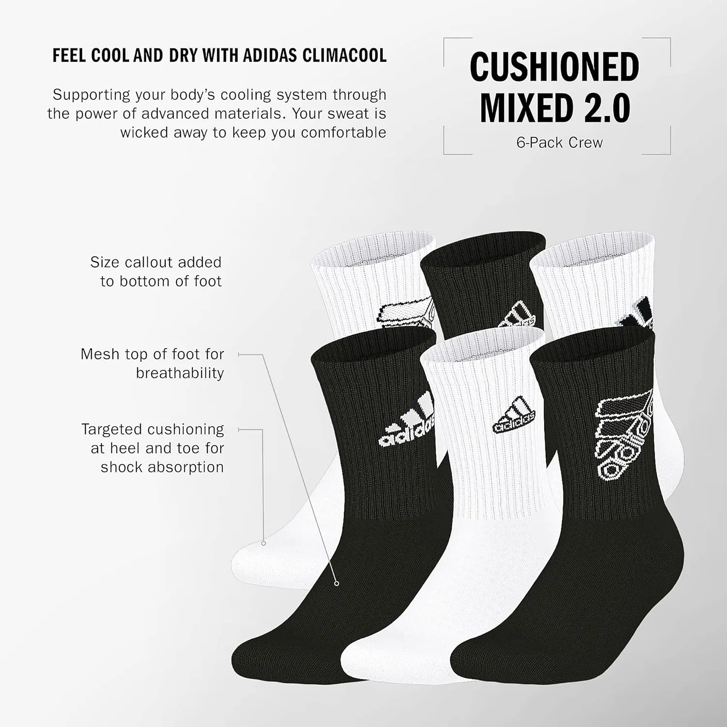 adidas Youth Athletic Cushioned 6-Pack Crew, Kid's Crew Socks for Sports, Durable & Breathable