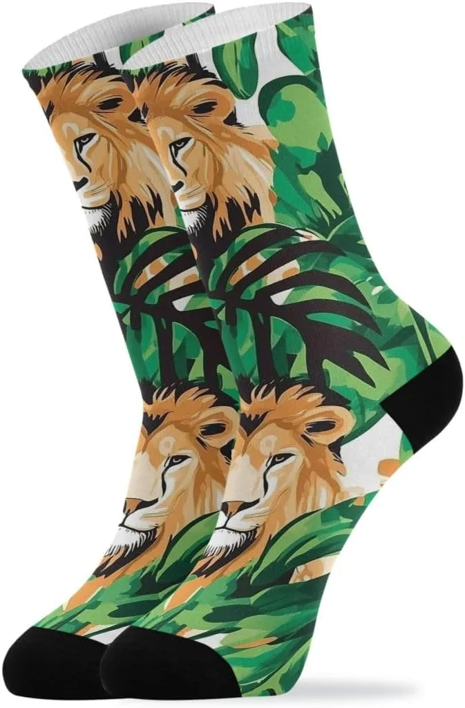 ALAZA Mens Crew Socks Compression Cycling Running Athletic Socks Lions Green Jungle Breathable 2 Pack