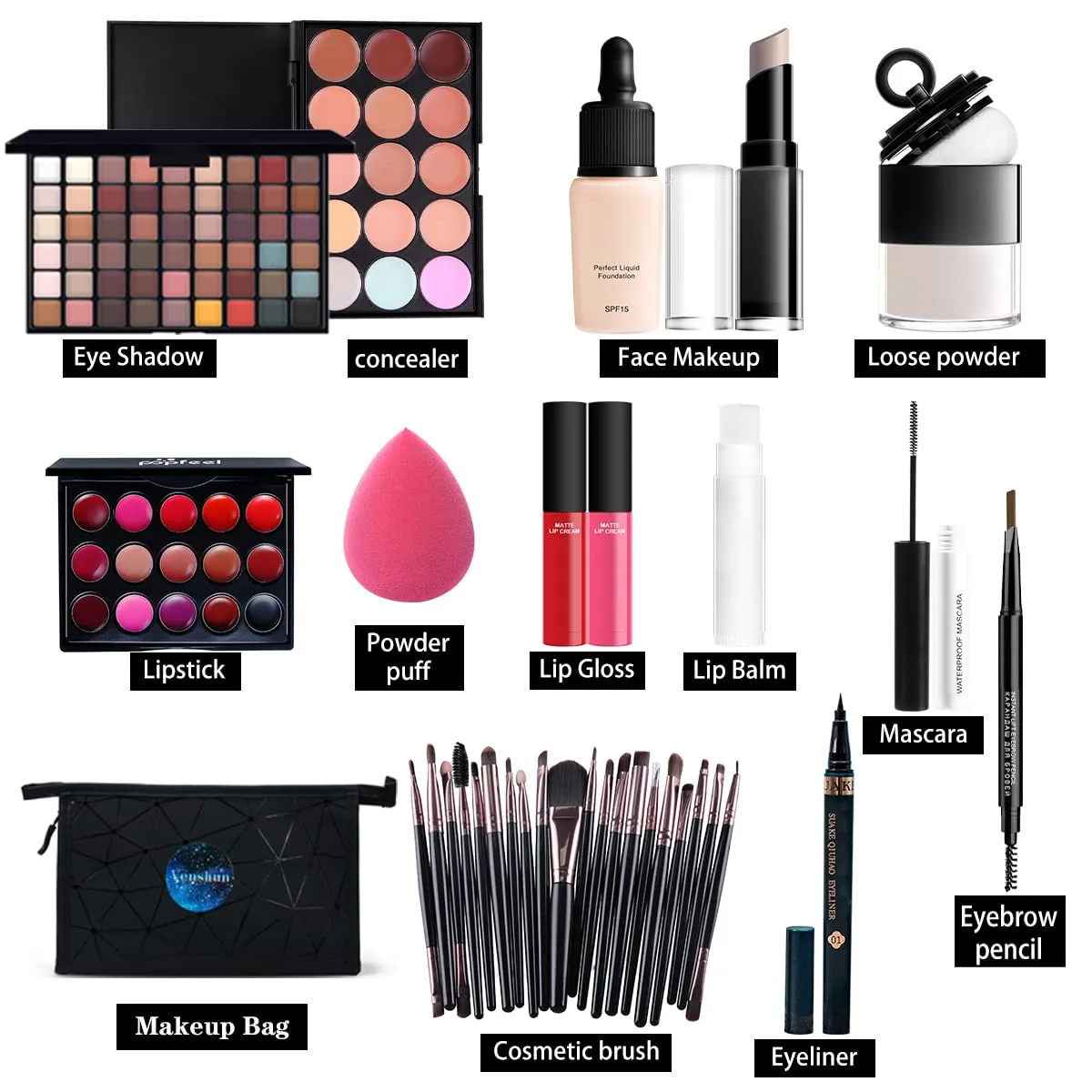 All in one makeup kit full versatile essential eyeshadow palette lipstick, blush, foundation, concealer, lip gloss, mascara, lip balm, powder puff powder, makeup set for women
