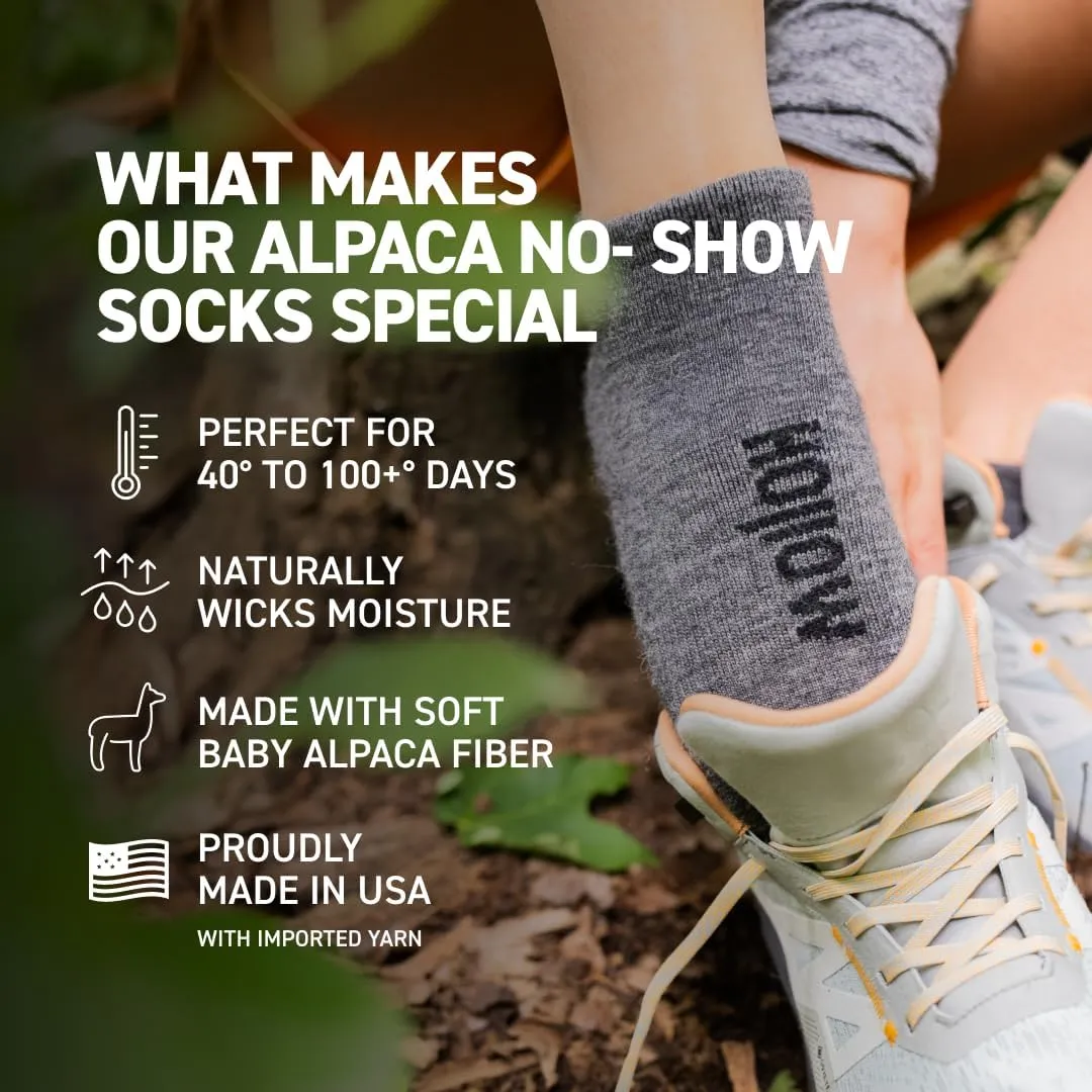 Alpaca No Show Socks for Men and Women, 2 Pack, Moisture Wicking Alpaca Socks for Hiking, Running, Outdoors, Any Season No Show Sock, Temperature Regulating, Light Compression, Medium, Black
