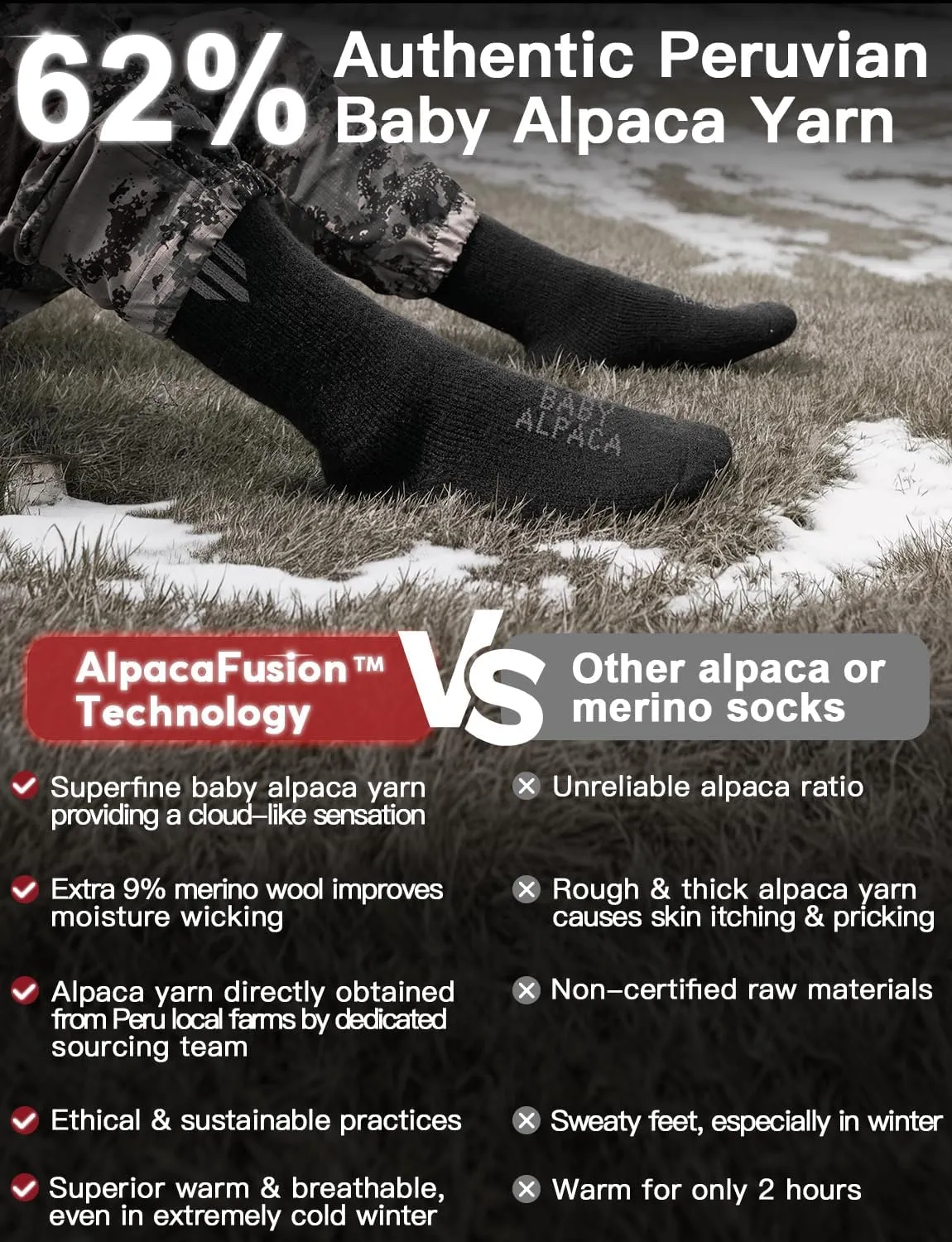 Alpaca Wool Boot Socks 2 pairs for Men and Women,Heavyweight Thick Thermal Socks Cold Weather Hunting Hiking,Moisture Wicking