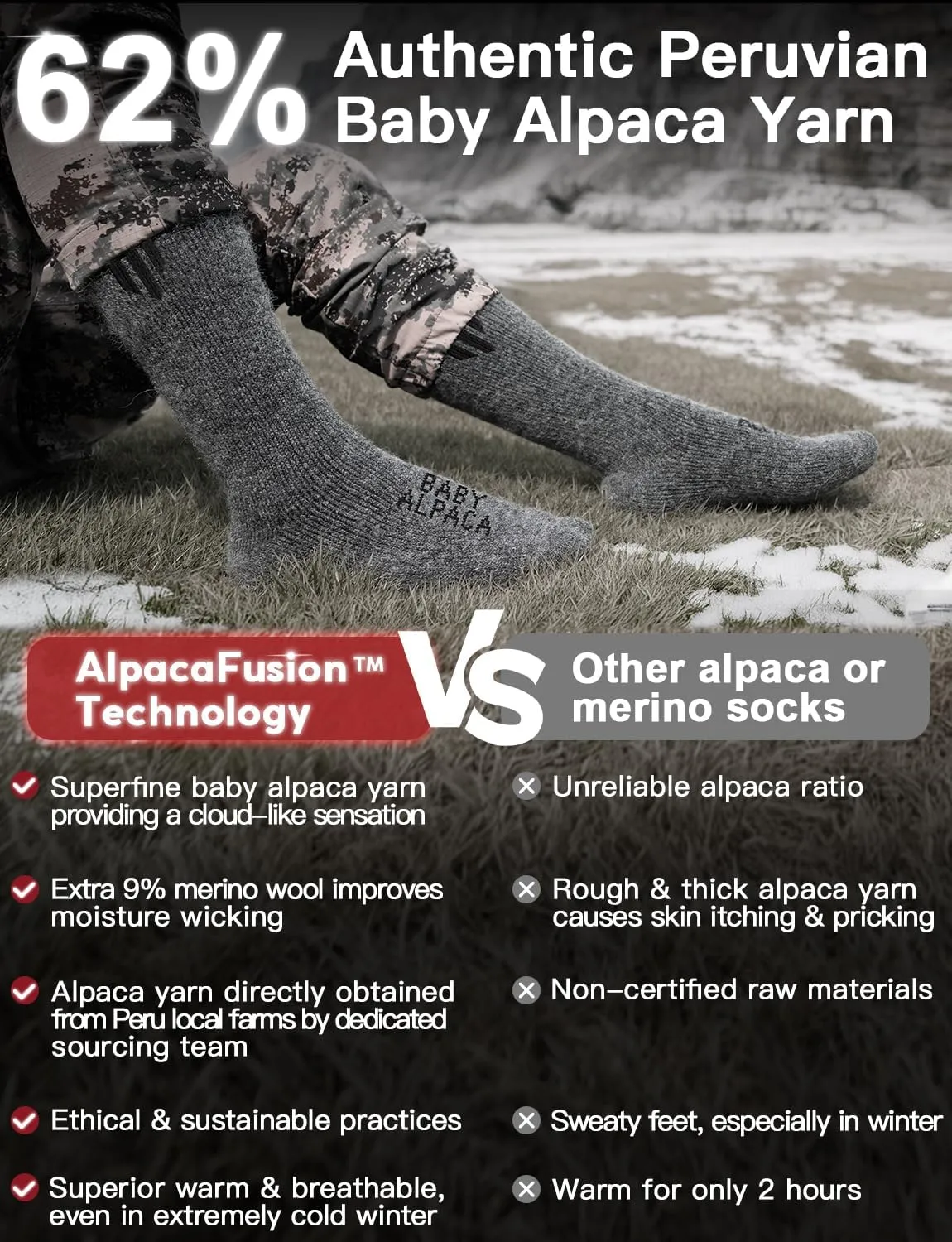Alpaca Wool Boot Socks 2 pairs for Men and Women,Thick Thermal Winter Socks Cold Weather Hunting Hiking,Moisture Wicking