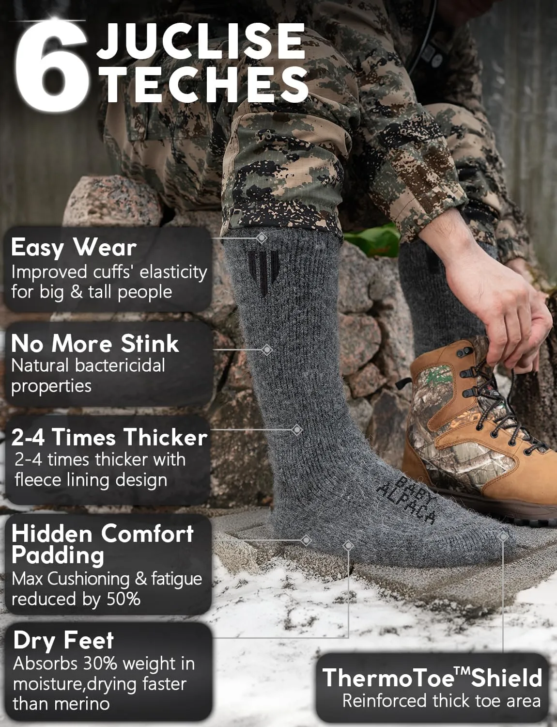 Alpaca Wool Boot Socks 2 pairs for Men and Women,Thick Thermal Winter Socks Cold Weather Hunting Hiking,Moisture Wicking