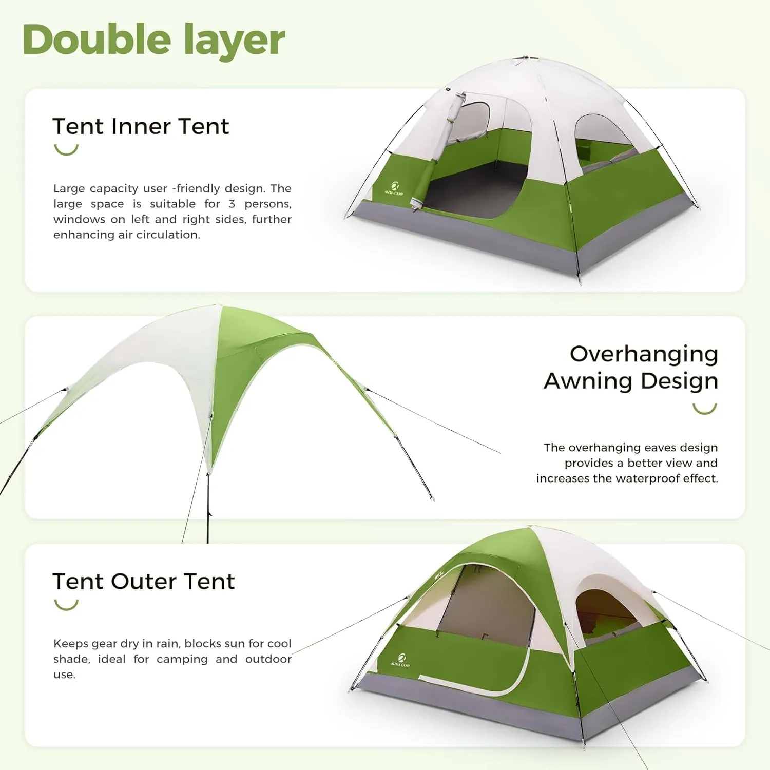 ALPHA CAMP 2/3/4 Person Camping Dome Tent with Rainfly, Lightweight Weatherproof Portable Backpacking Instant Tent, Easy Setup Tent for Outdoor Camping, Hiking, Mountaineering, Travel, Beach