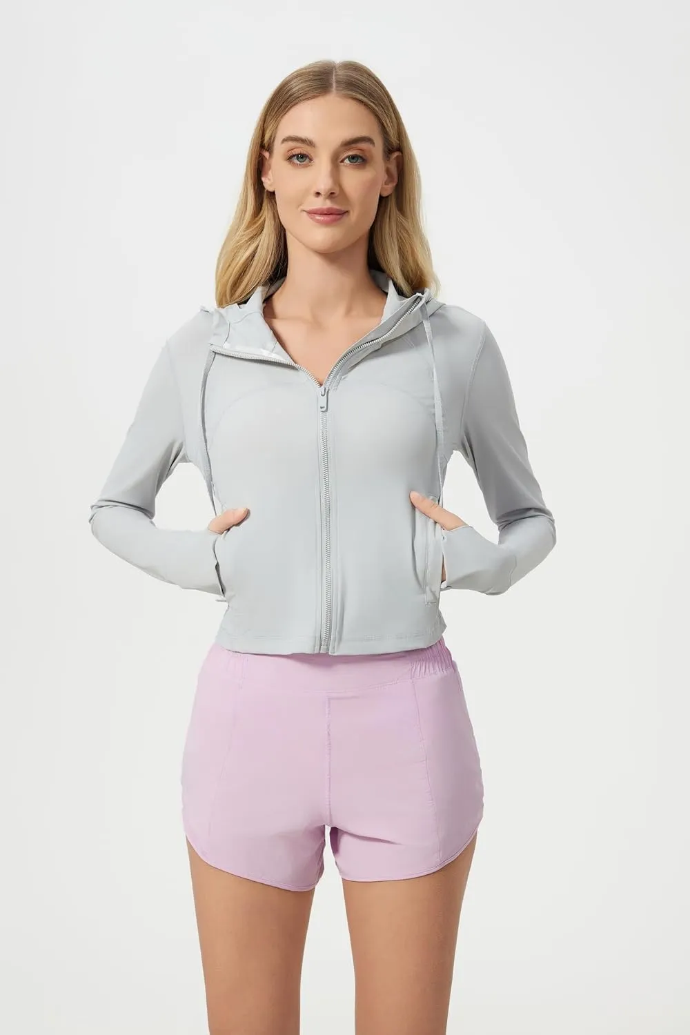 altiland Lightweight Workout Hooded Jacket for Women, UPF 50  Cropped Full Zip Athletic Gym Running Jackets with Thumb Holes