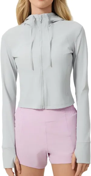 altiland Lightweight Workout Hooded Jacket for Women, UPF 50  Cropped Full Zip Athletic Gym Running Jackets with Thumb Holes