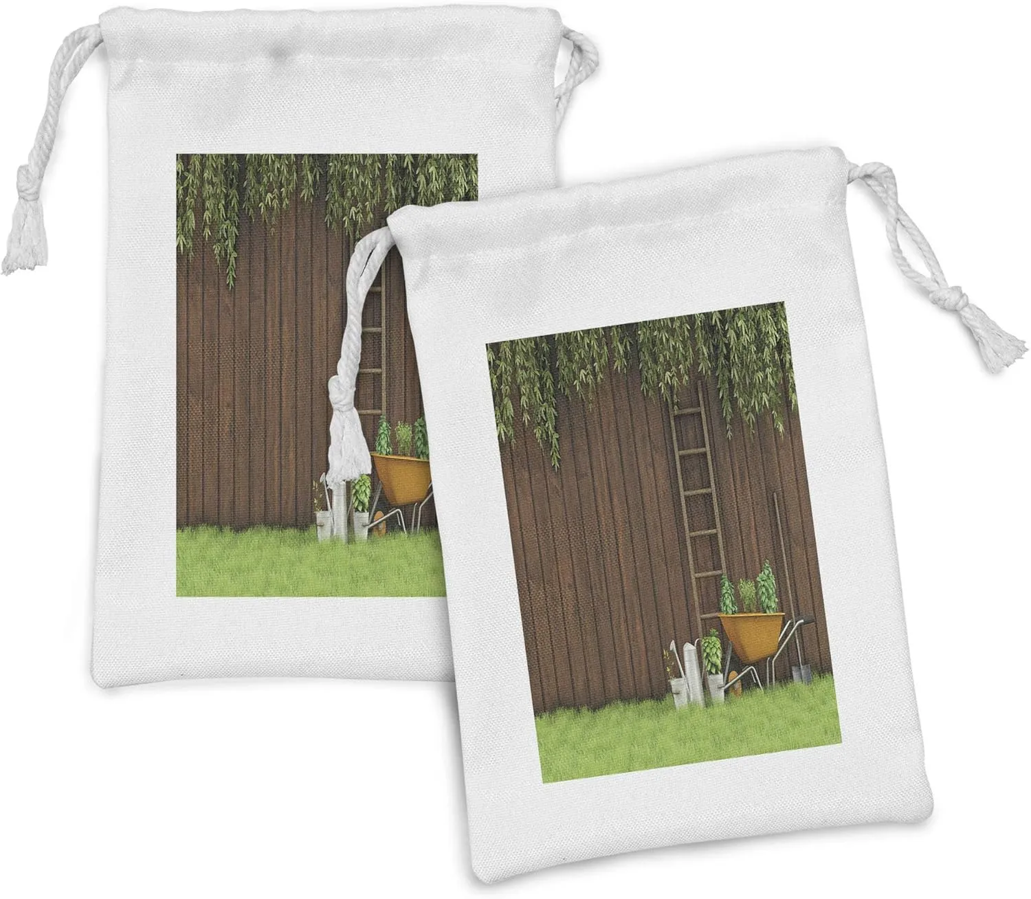 Ambesonne Farmland Fabric Pouch Set of 2, Gardening Material Tools on the Backyard with Shovel and Bucket Design Print, Small Drawstring Bag for Toiletries Masks and Favors, 9" x 6", Green Brown