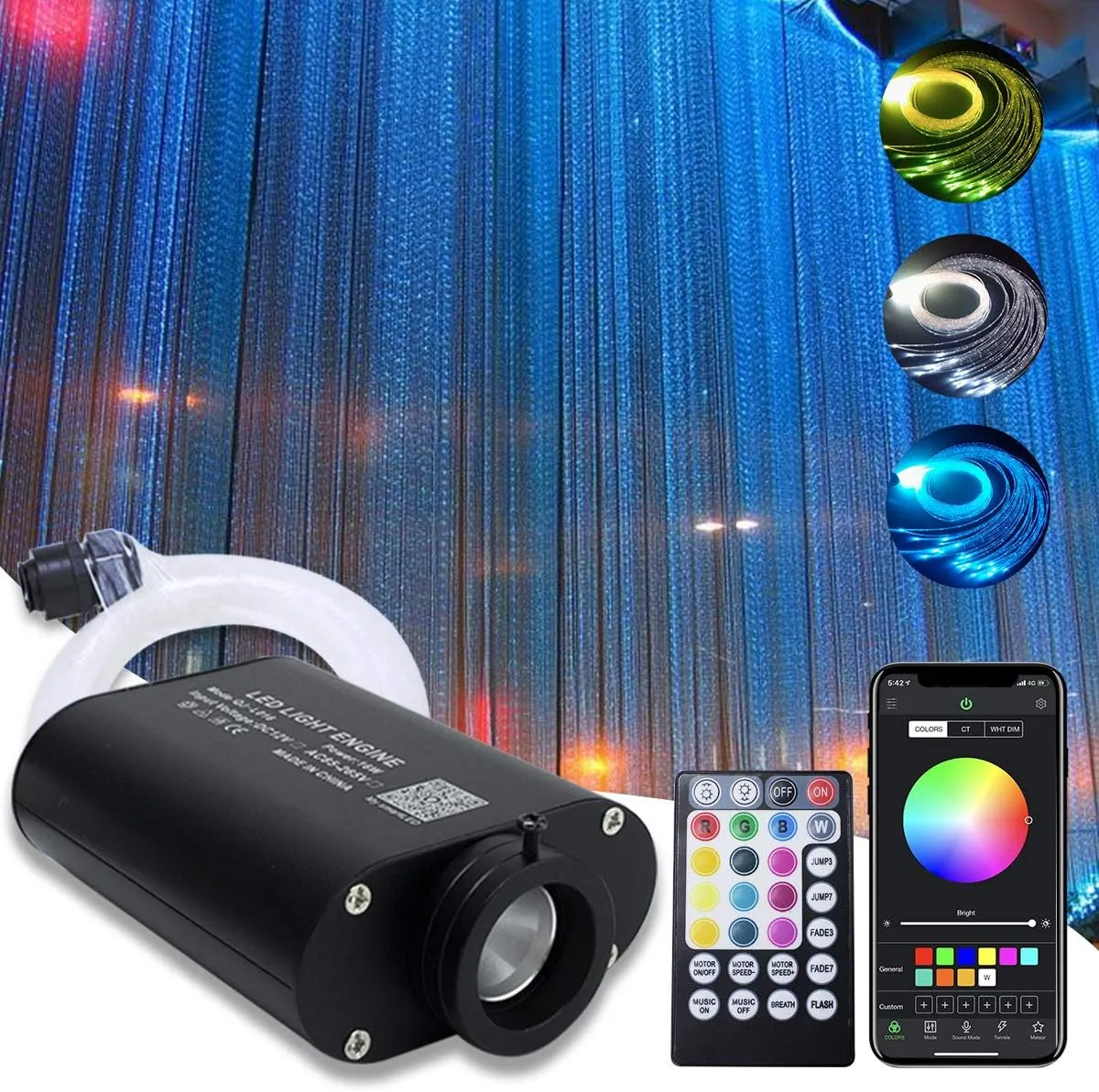 AMKI 16W RGBW Fiber Optic Curtain Light Kit, 300 Strands Flash Point Waterfall Curtain Lights Kit with Sound Smart App Control 0.04in/1mm 6.5ft/2m Fiber Optic Cable for Home Window Decor