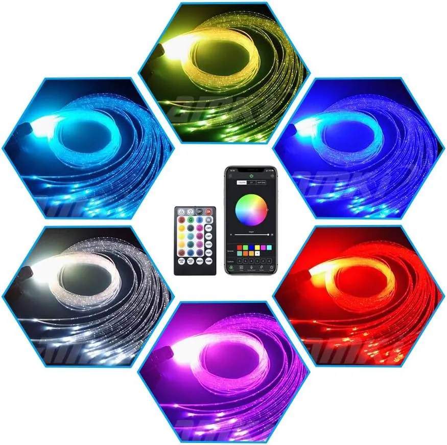 AMKI 16W RGBW Fiber Optic Curtain Light Kit, 300 Strands Flash Point Waterfall Curtain Lights Kit with Sound Smart App Control 0.04in/1mm 6.5ft/2m Fiber Optic Cable for Home Window Decor