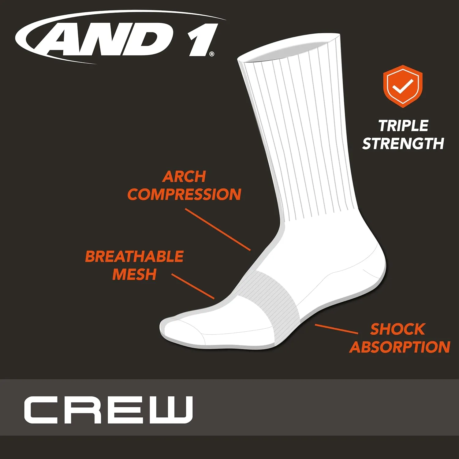 AND1 Men's Athletic Crew Socks - 12 Pack Performance Stretch Crew Length Running Socks with Arch Compression (Sizes: 6-12.5)