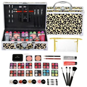 Anpro All-In-One Makeup Carry Case with Pro Teen Makeup Set, Full Starter Cosmetics Kit with Makeup Brushes, Lipsticks, Eye Shadows Palette, Blushes, Glitter Gel-Yellow Leopard
