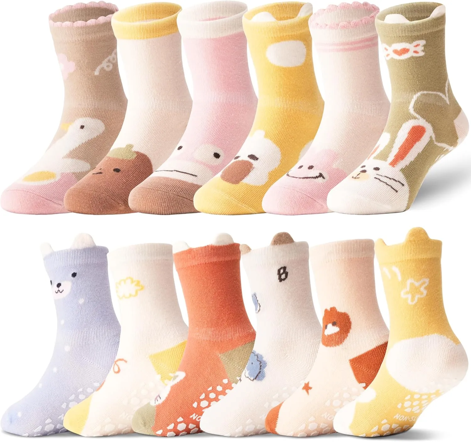 ANTSANG 12 Pairs Baby Girls Boys Toddlers Kids Grips Socks Crew Cotton Non-Slip/Anti-Skid Grips Socks