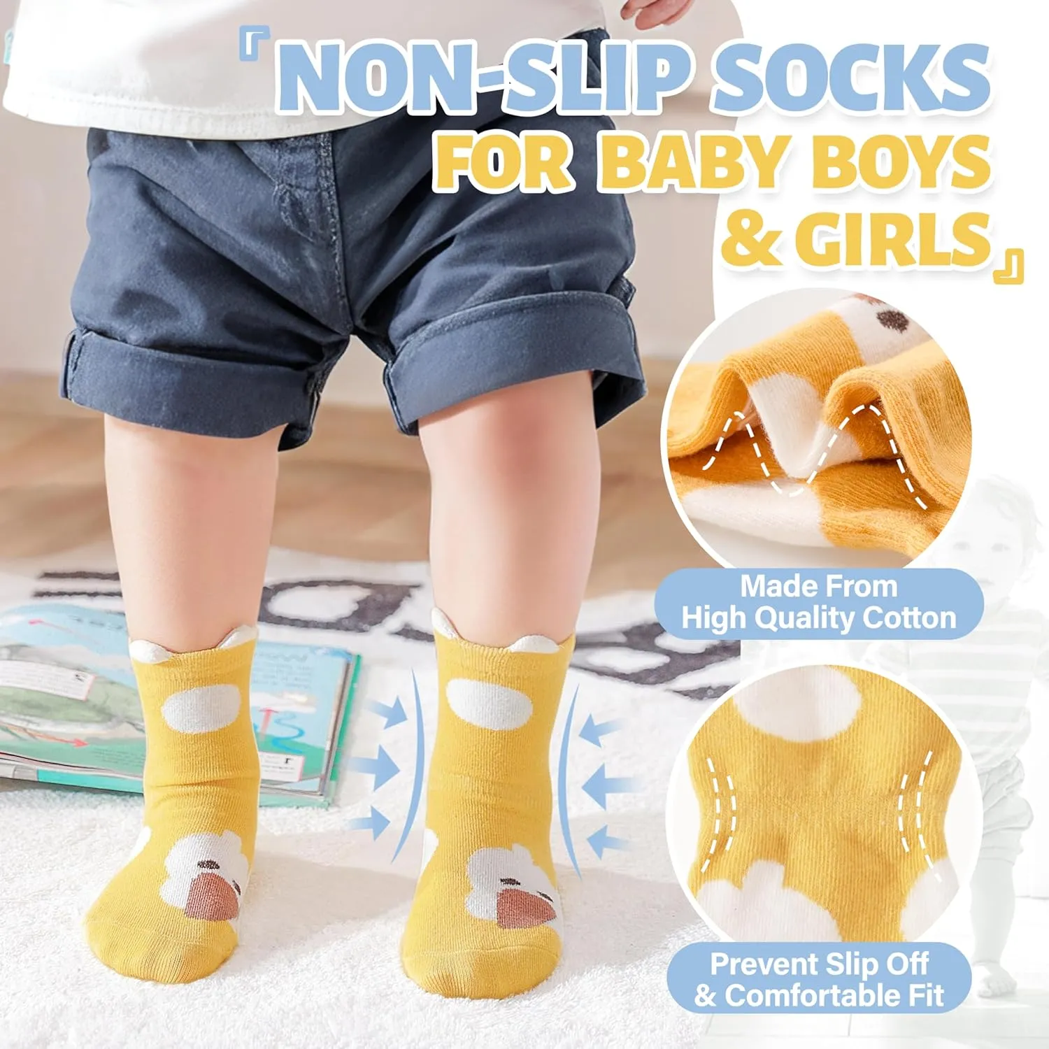 ANTSANG 12 Pairs Baby Girls Boys Toddlers Kids Grips Socks Crew Cotton Non-Slip/Anti-Skid Grips Socks