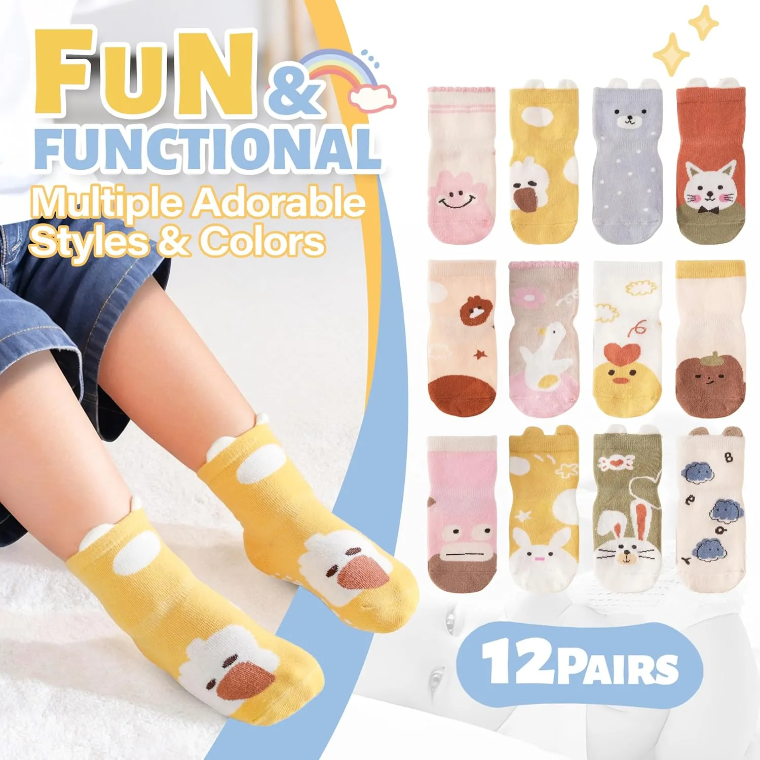ANTSANG 12 Pairs Baby Girls Boys Toddlers Kids Grips Socks Crew Cotton Non-Slip/Anti-Skid Grips Socks