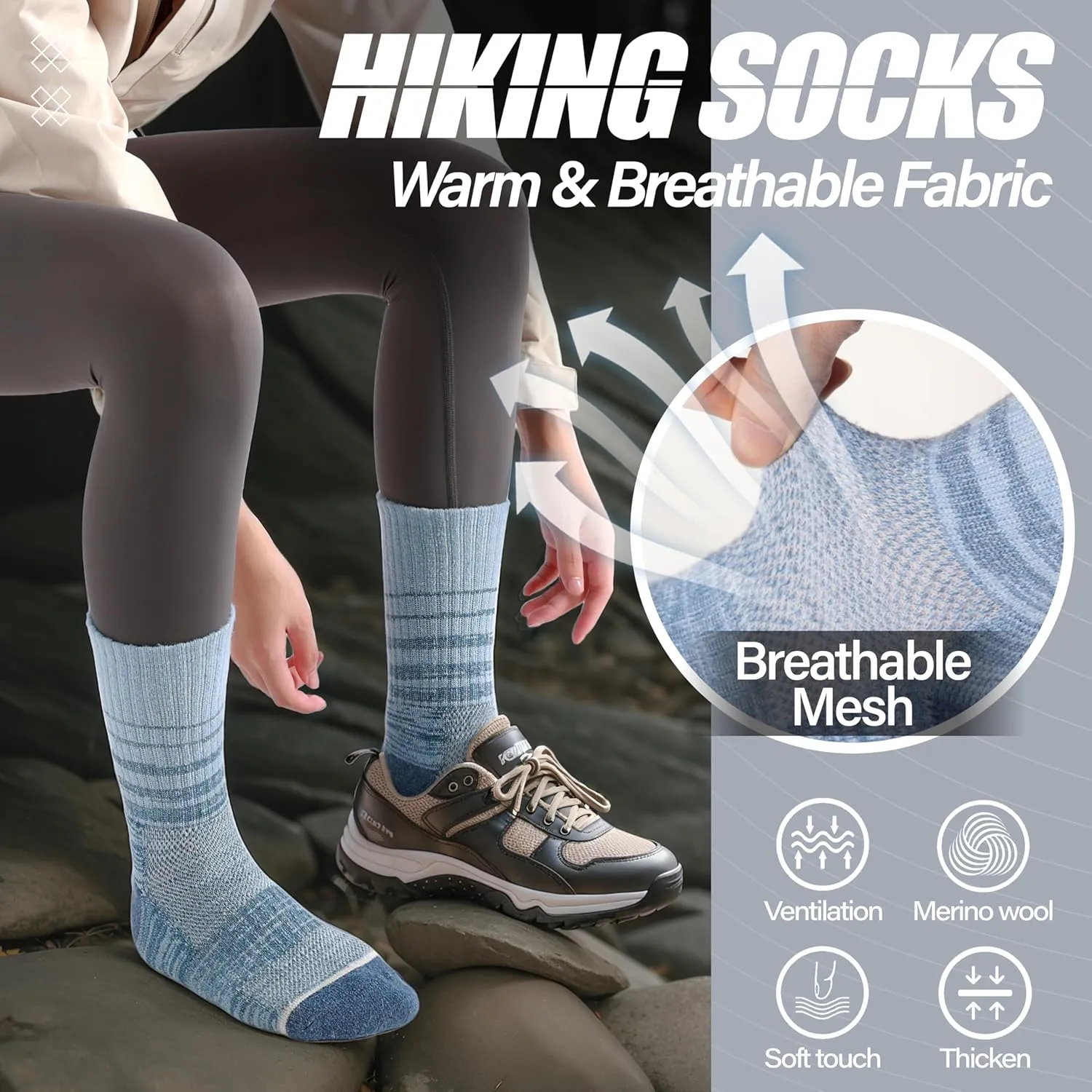 ANTSANG Merino Wool Hiking Socks for Men & Women 5 Pairs Thermal Warm Winter Thick Cushion Moisture Wicking Crew Boot Socks