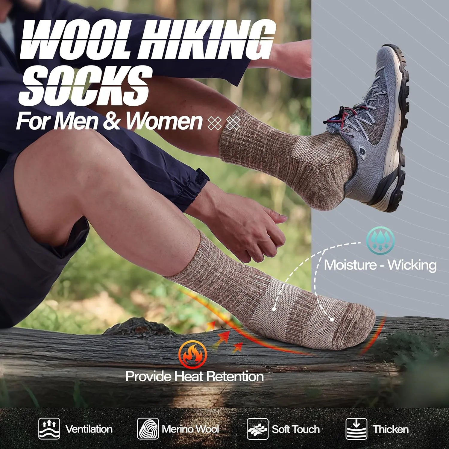 ANTSANG Merino Wool Hiking Socks for Men & Women 5 Pairs Thermal Warm Winter Thick Cushion Moisture Wicking Crew Boot Socks