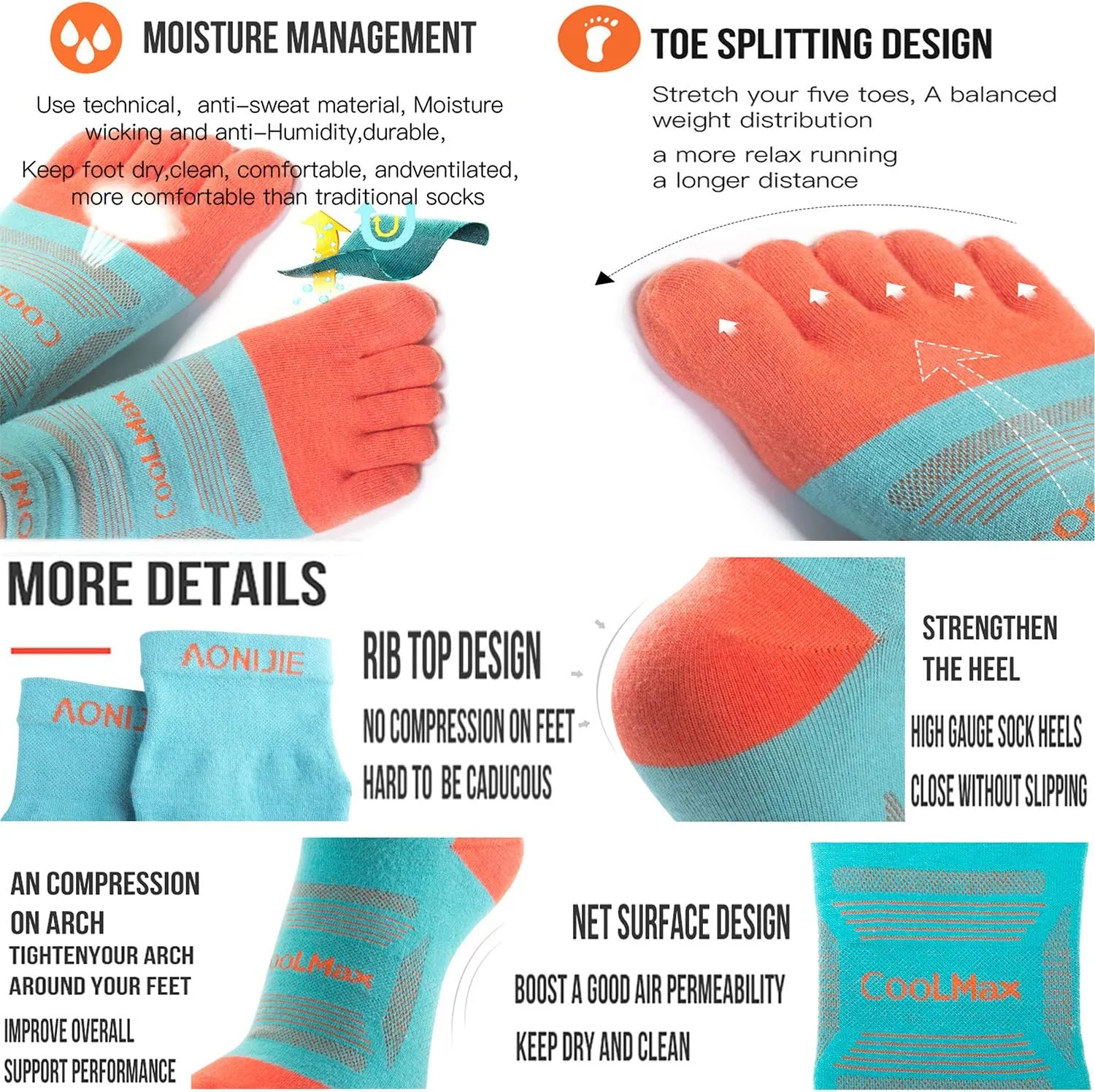 AONIJIE Toe Socks for Men and Women Athletic Hiking Coolmax Socks with toes - Soft Comfortable and Moisture Wicking