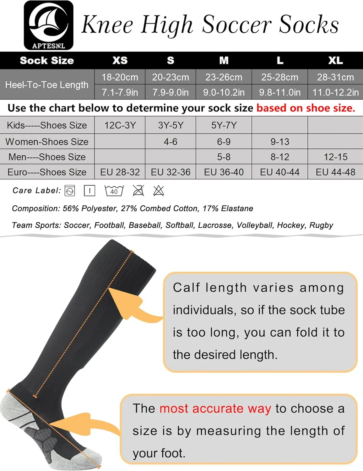 APTESOL Knee High Soccer Socks (1/3/5 Pair) Team Sport Cushion Athletic Socks for Kids Youth Adult