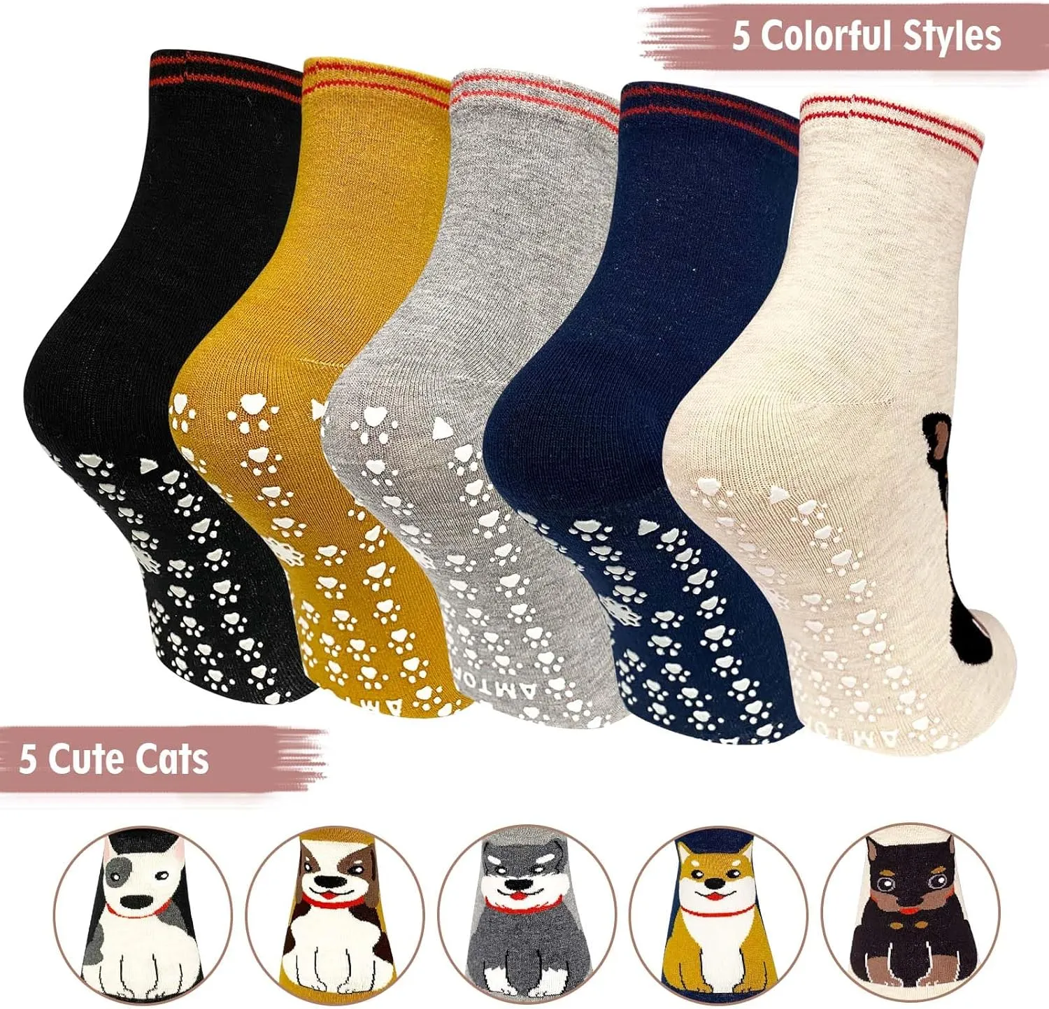 Artfasion Non Slip Socks for Women Grip Socks Novelty Cat Non Skid Socks Ladies Funny Anti Slip Socks 5 Pairs