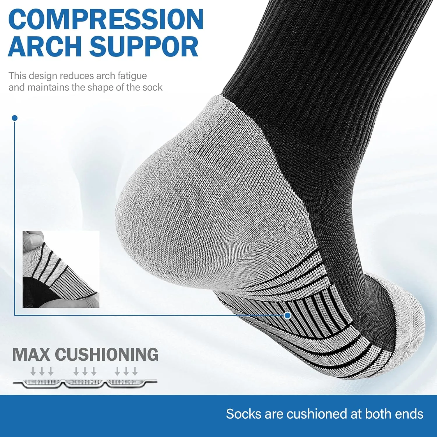 Athletic Cushioned Crew Socks, Sport Running Sock, Anti-Blister Wicking Coolmax Socks for Men and Women(2Pairs)
