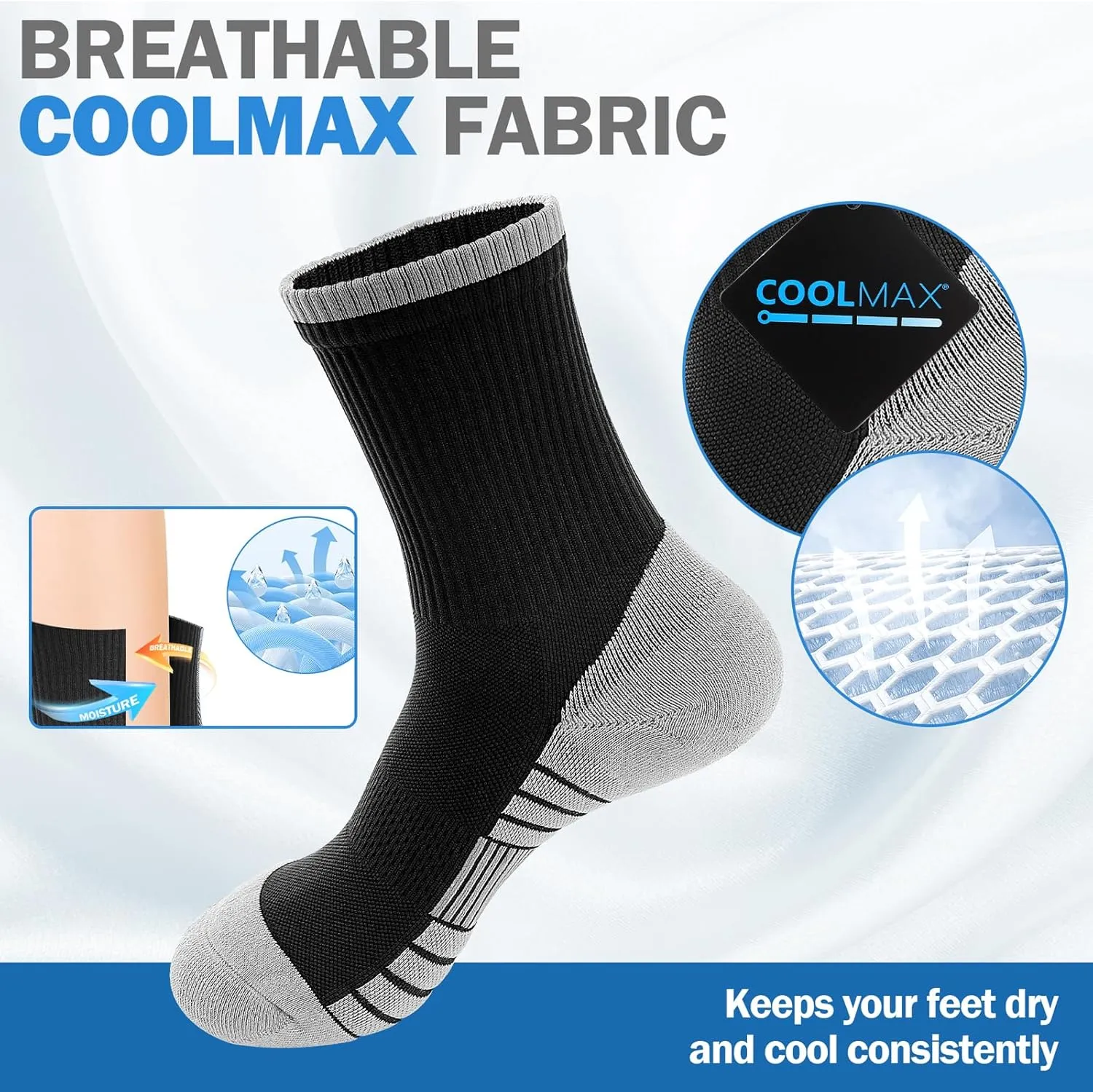 Athletic Cushioned Crew Socks, Sport Running Sock, Anti-Blister Wicking Coolmax Socks for Men and Women(2Pairs)