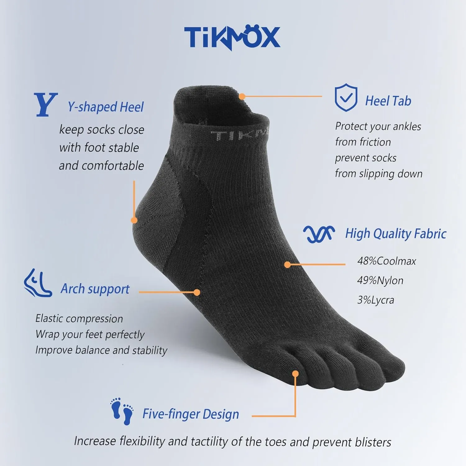 Athletic Toe Socks, Five Finger Ankle Socks for Men/Women, CoolMax Moisture-Wicking Arch Support