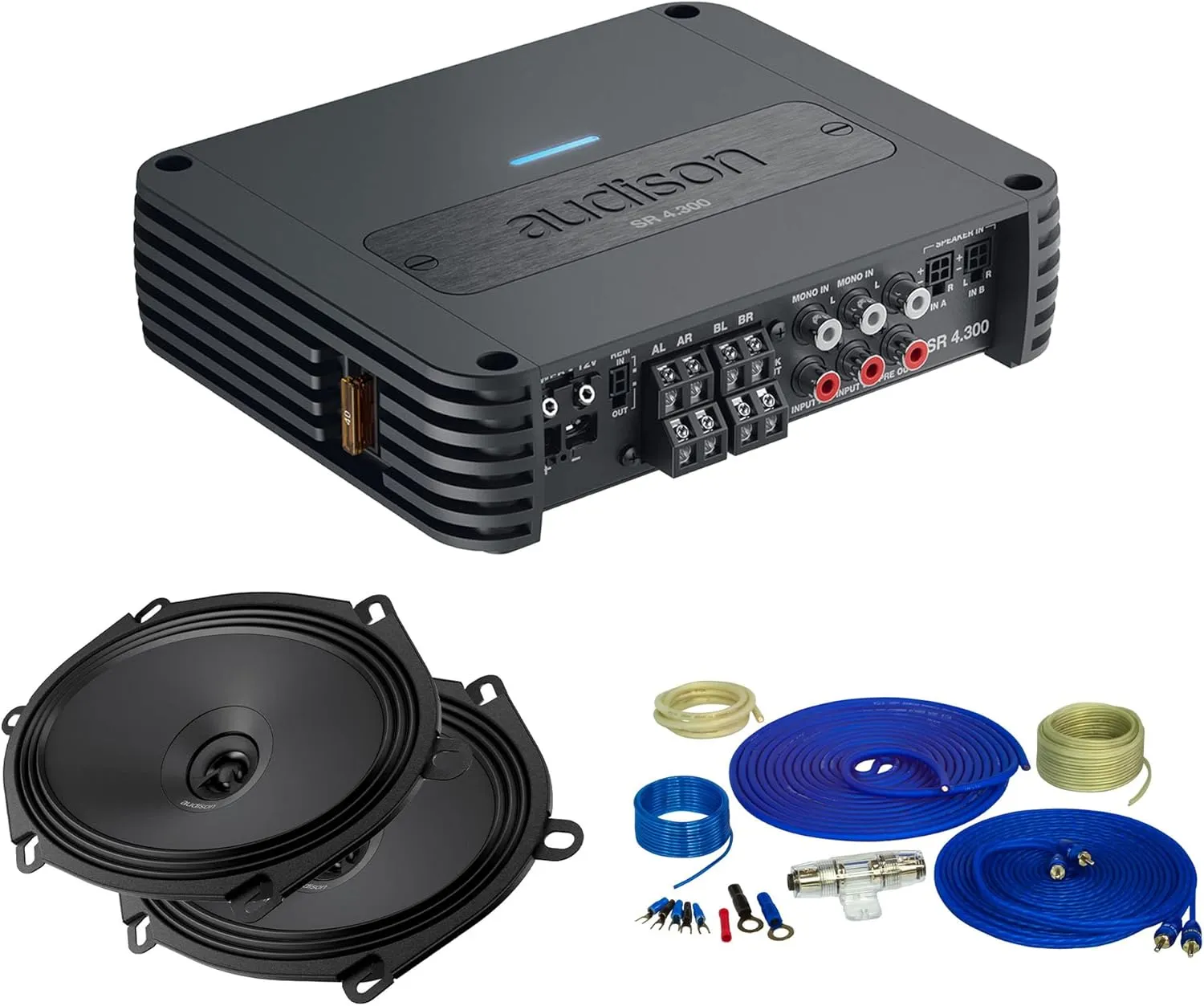 Audison SR Series SR 4.300 4 Channel 85Wx4 Amplifier & a 8 GA Wiring Kit with 2 Pairs of APX 570 Prima Series 5x7 Coaxial Speakers