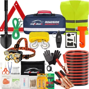 AUTODECO Car Roadside Emergency Kit, Portable Roadside Emergency Kits for Vehicles Car Safety Kit with Jumper Cables, Safety Hammer, Folding Shovel