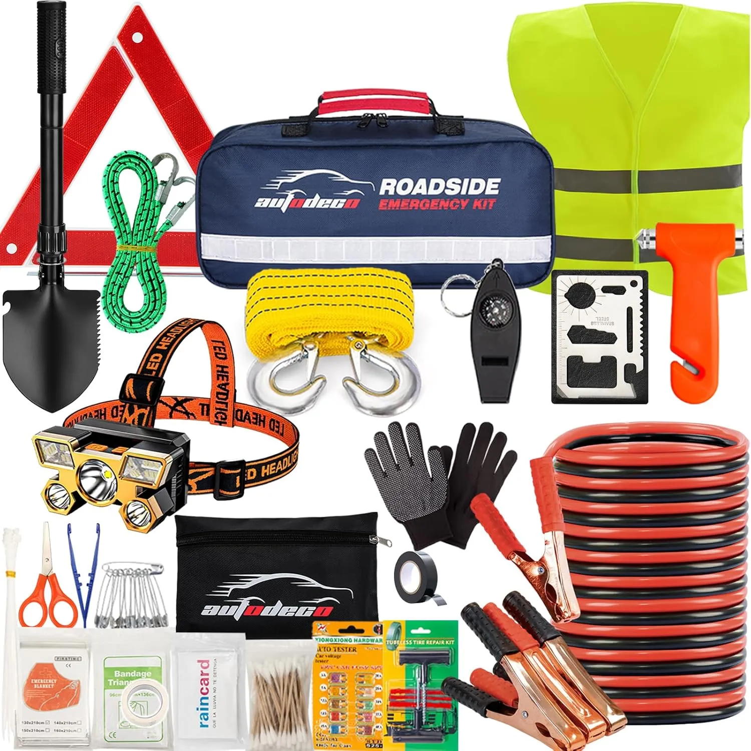 AUTODECO Car Roadside Emergency Kit, Portable Roadside Emergency Kits for Vehicles Car Safety Kit with Jumper Cables, Safety Hammer, Folding Shovel